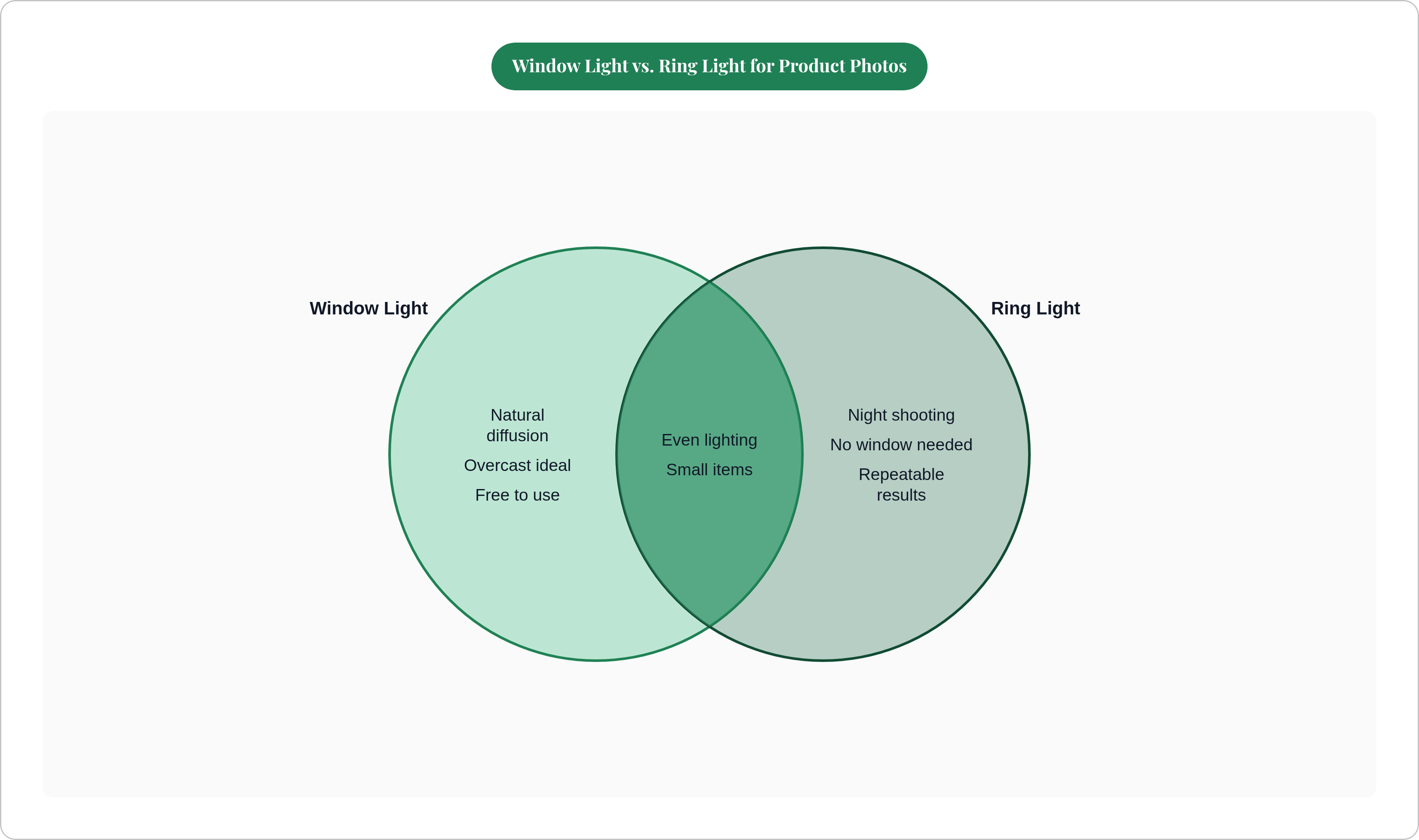 Venn diagram: Window Light vs. Ring Light for Product Photos. Compares Window Light and Ring Light; overlap: Shared Benefits.