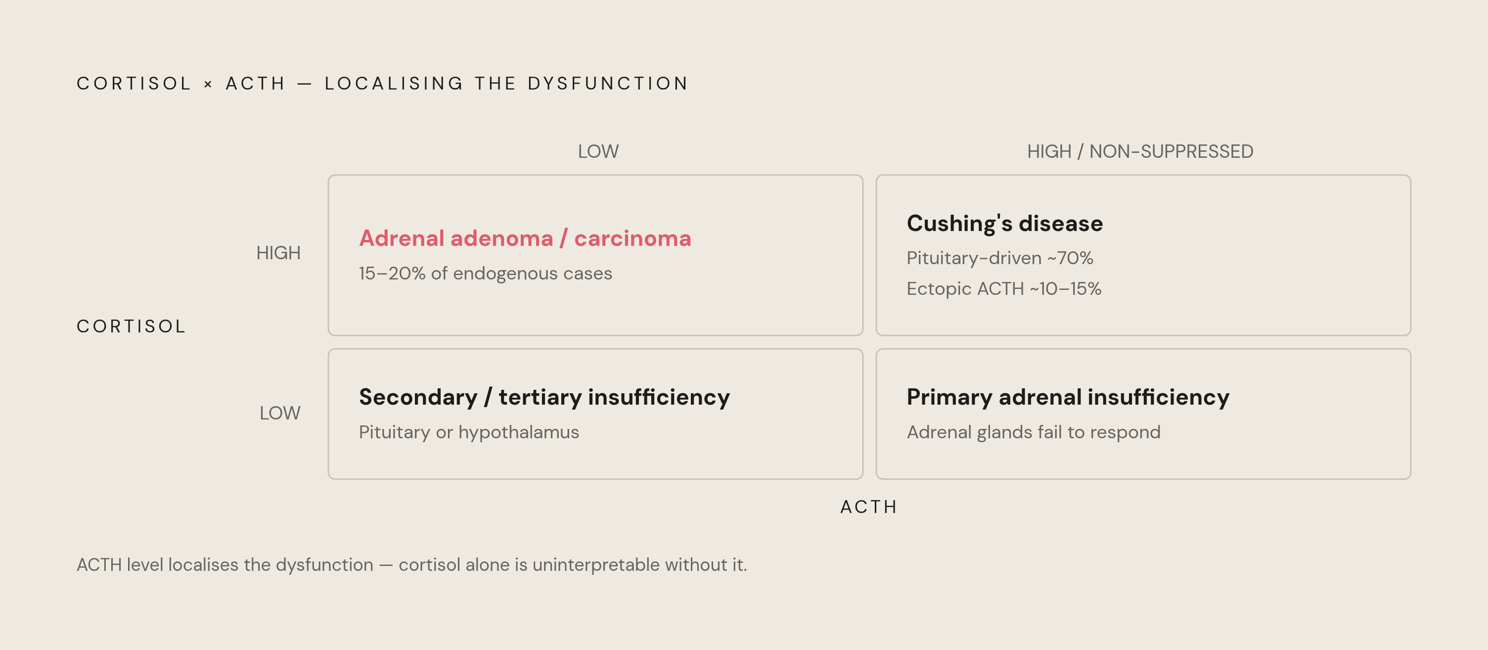 Diagram: How ACTH and Cortisol Levels Localize HPA Axis Dysfunction. Visualizes: Show a 2×2 diagnostic matrix pairing cortisol level (low / high) against ACTH level (high / low or suppressed) to reveal where in the axis the problem originates.