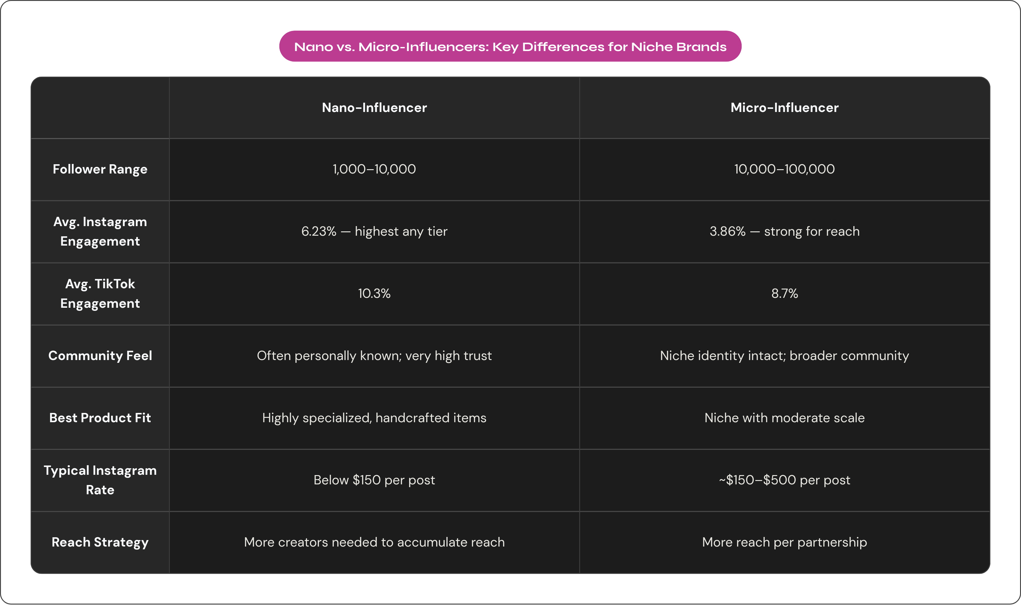 Table: Nano vs. Micro-Influencers: Key Differences for Niche Brands. Compares Follower Range, Avg. Instagram Engagement, Avg. TikTok Engagement, Community Feel, and 3 more by Nano-Influencer and Micro-Influencer.