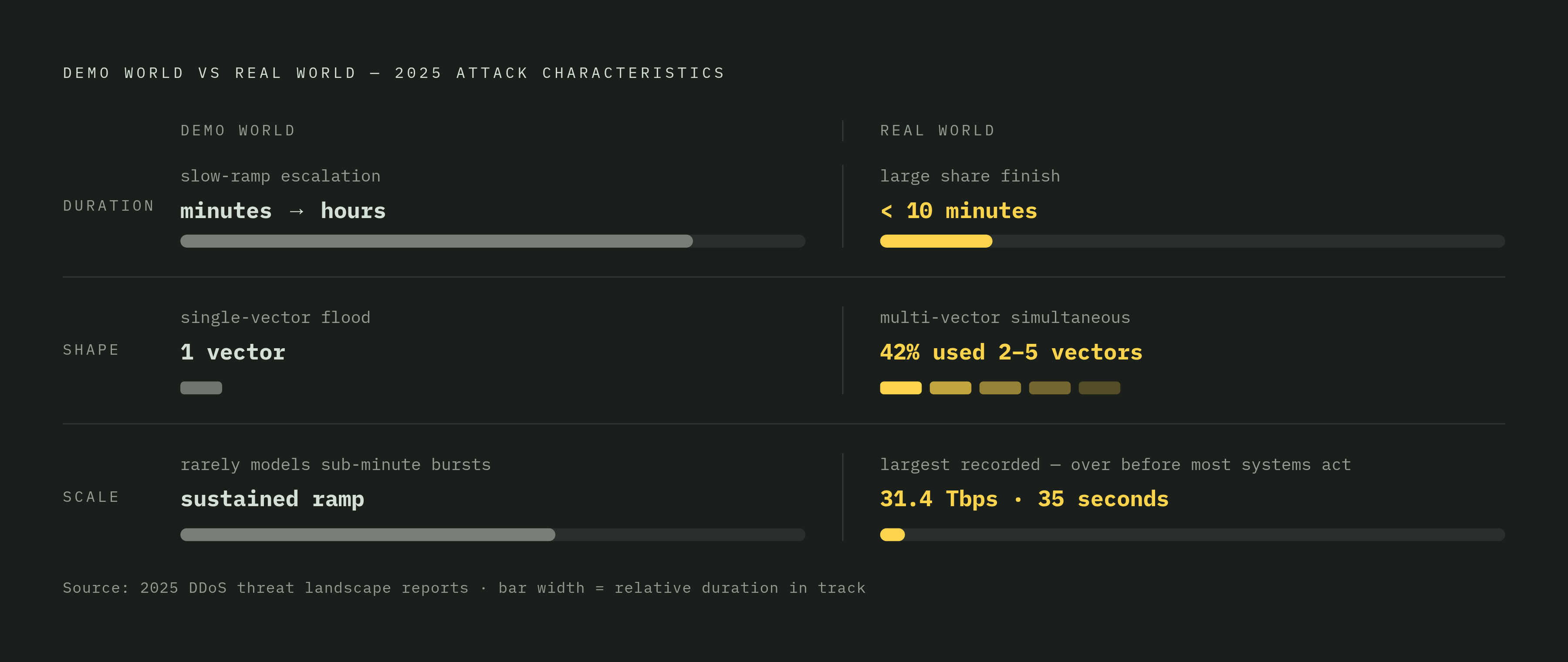 Diagram: Why Vendor Benchmarks Miss the Real Attack. Visualizes: Visualize the mismatch between vendor demo assumptions and real 2025 attack characteristics across three dimensions: Duration (vendor demos assume slow-ramp escalation; real attacks —…