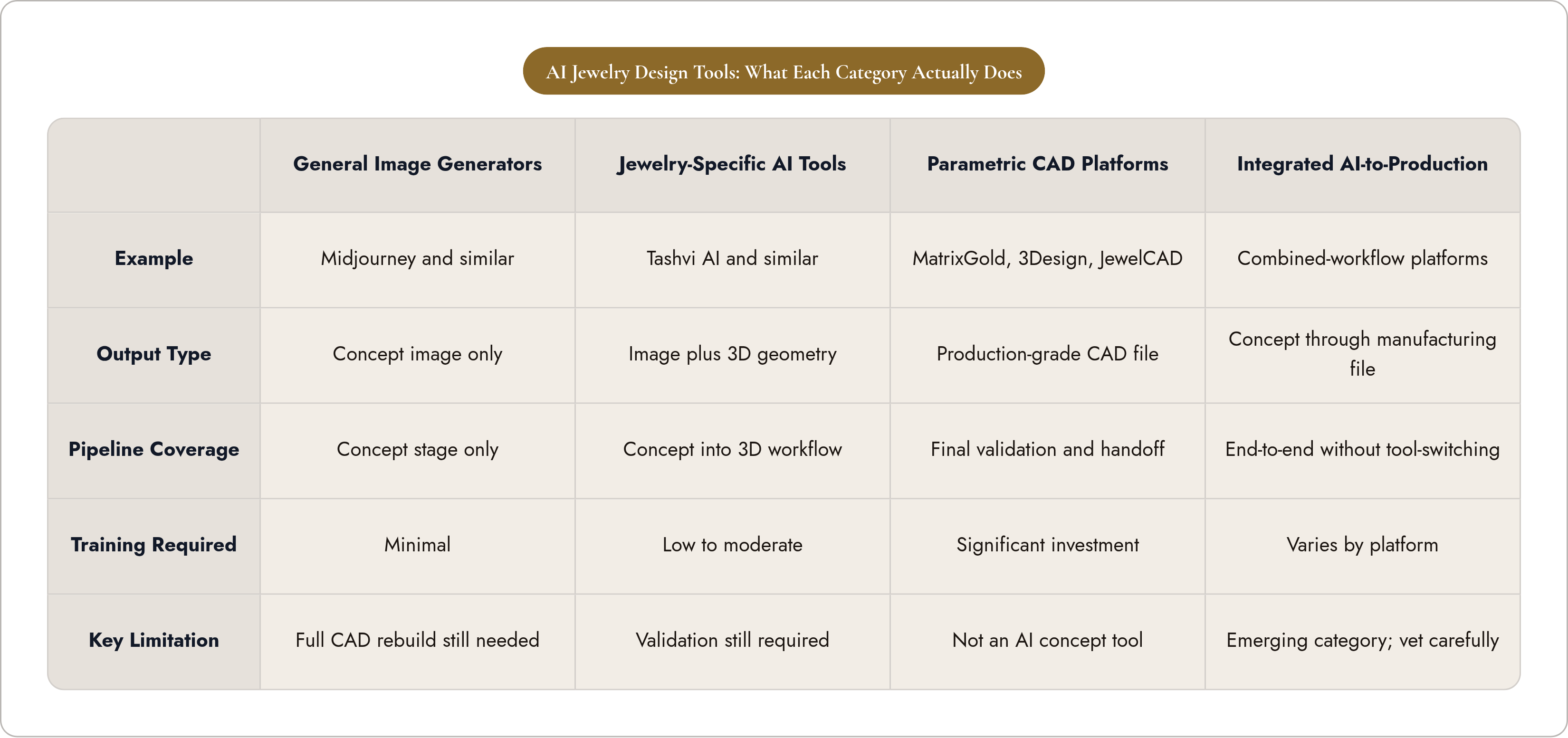 Table: AI Jewelry Design Tools: What Each Category Actually Does. Compares Example, Output Type, Pipeline Coverage, Training Required, and 1 more by General Image Generators, Jewelry-Specific AI Tools, Parametric CAD Platforms and Integrated…