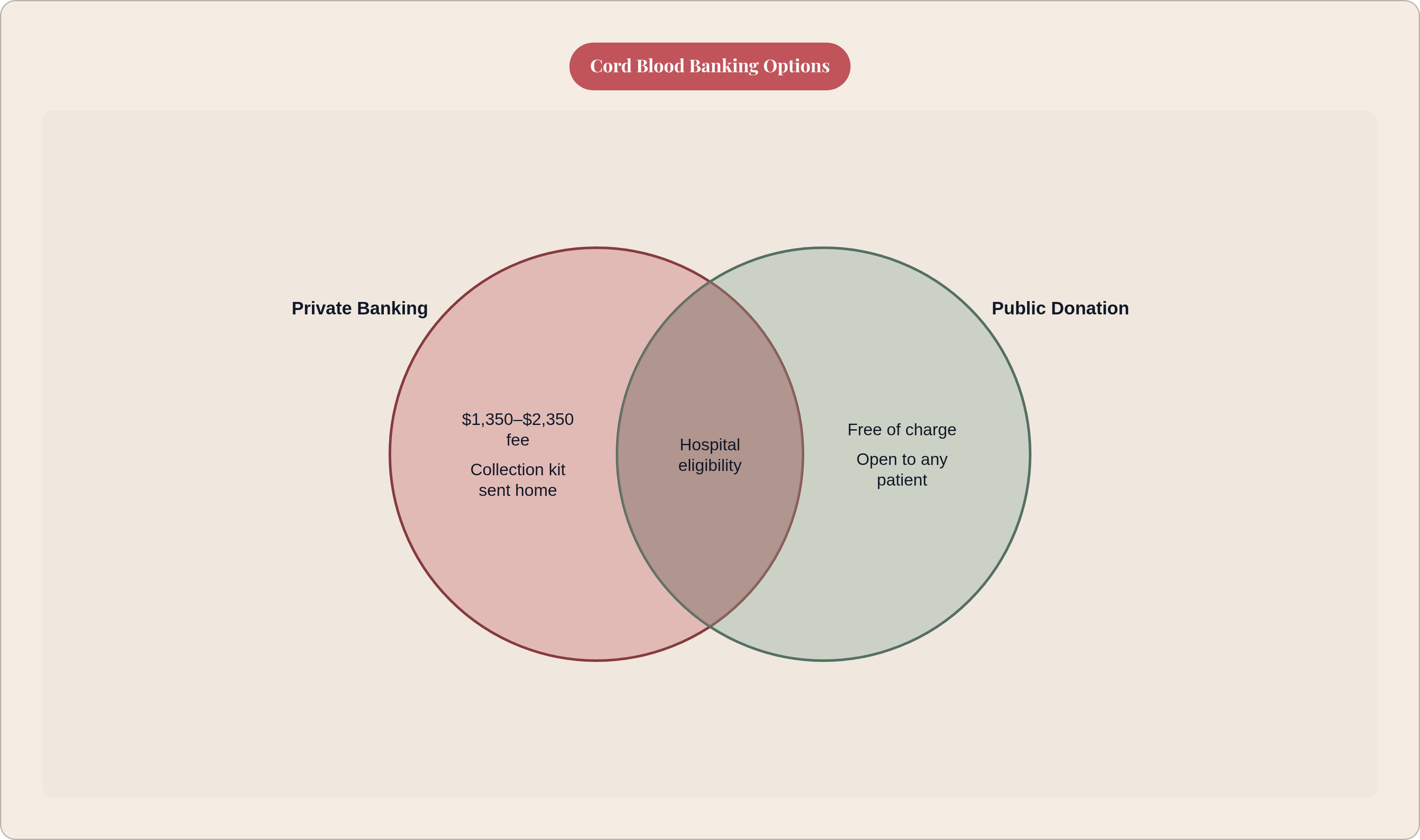 Venn diagram: Cord Blood Banking Options. Compares Private Banking and Public Donation; overlap: Shared Requirements.