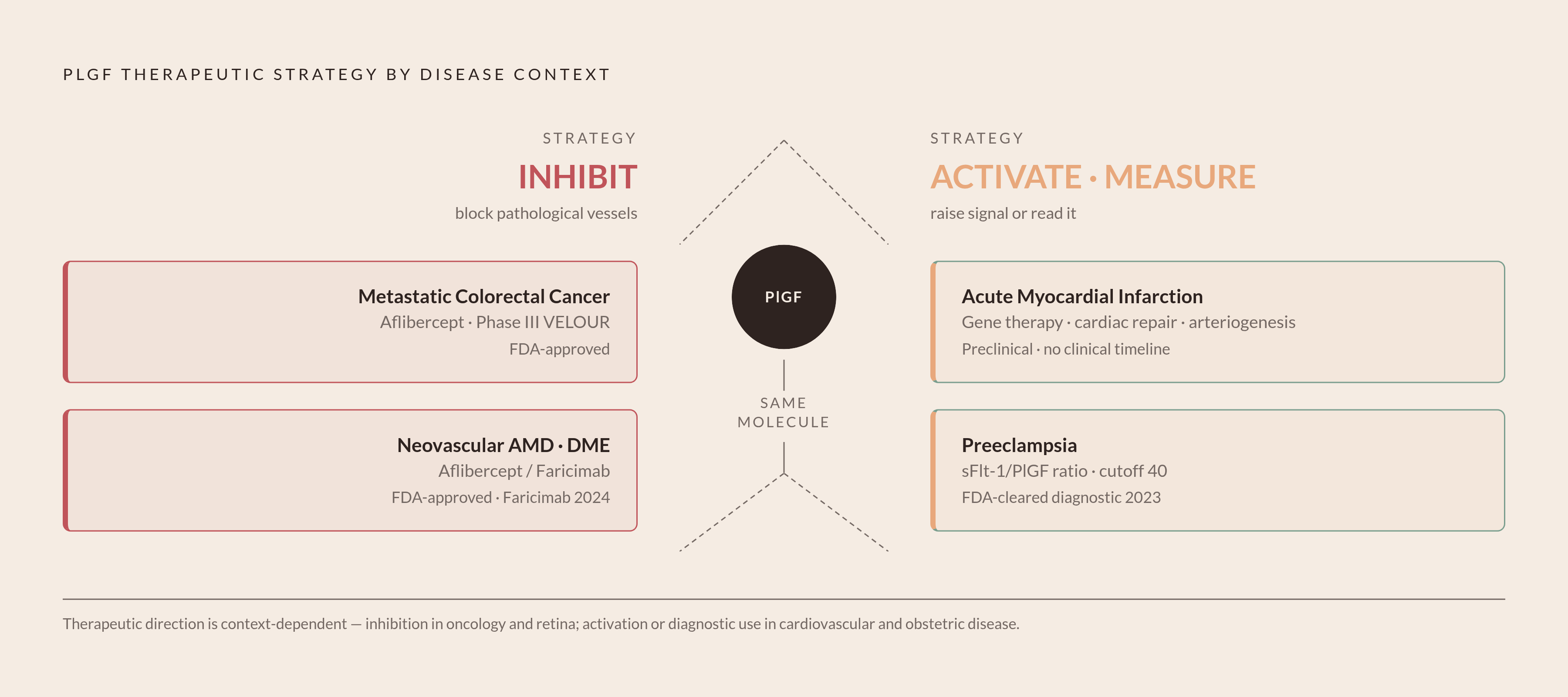 Diagram: PlGF: Inhibit or Activate Depending on the Disease. Visualizes: Visualize the therapeutic split in PlGF strategy across disease areas.