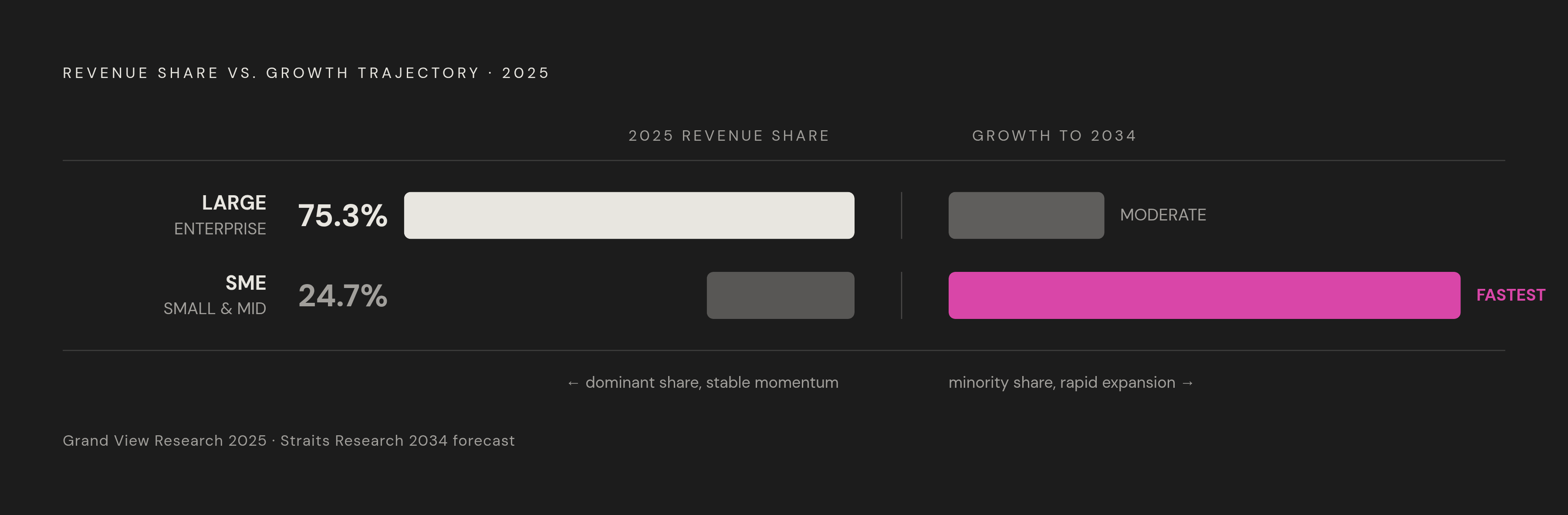 Diagram: Revenue vs. Growth: Large Enterprise Dominates, SMEs Accelerate. Visualizes: Show a two-axis contrast between current revenue share and growth trajectory by organization size.