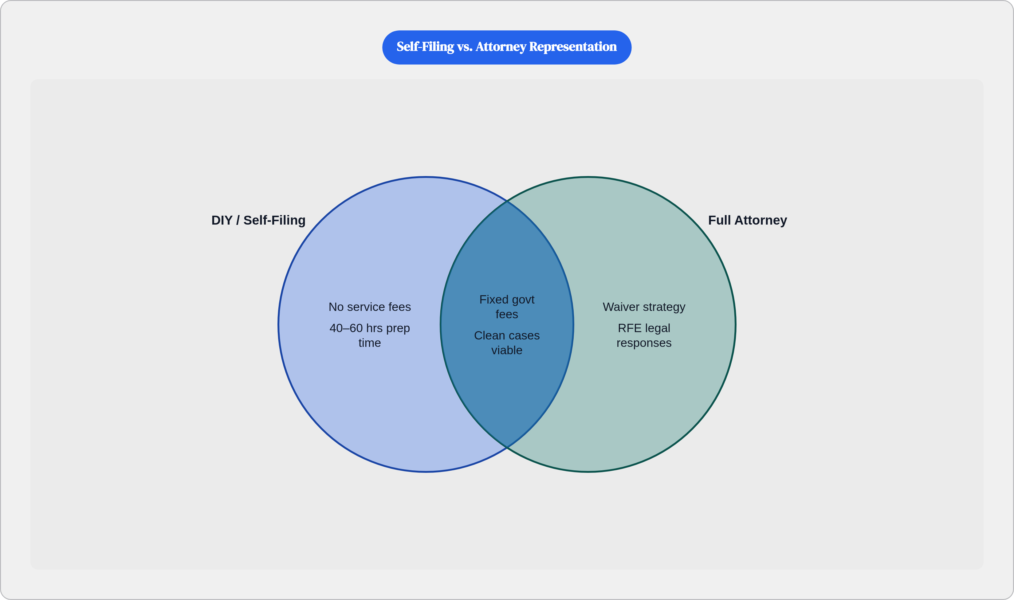 Venn diagram: Self-Filing vs. Attorney Representation. Compares DIY / Self-Filing and Full Attorney; overlap: Shared Elements.