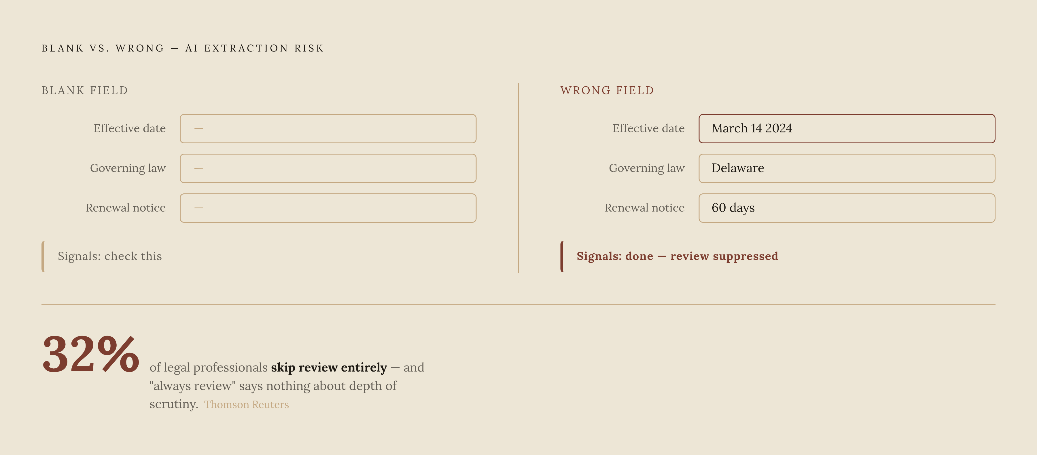 Diagram: Wrong Data Is More Dangerous Than Missing Data. Visualizes: Visualize the asymmetry between a blank metadata field and a wrong metadata field in AI contract extraction.