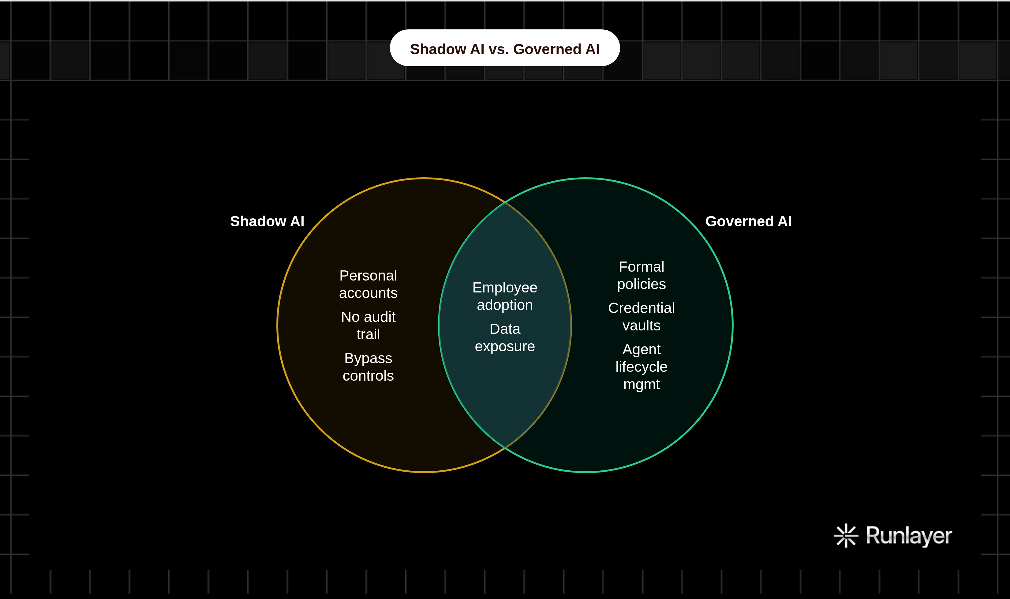 Venn diagram: Shadow AI vs. Governed AI. Compares Shadow AI and Governed AI; overlap: Shared Realities.