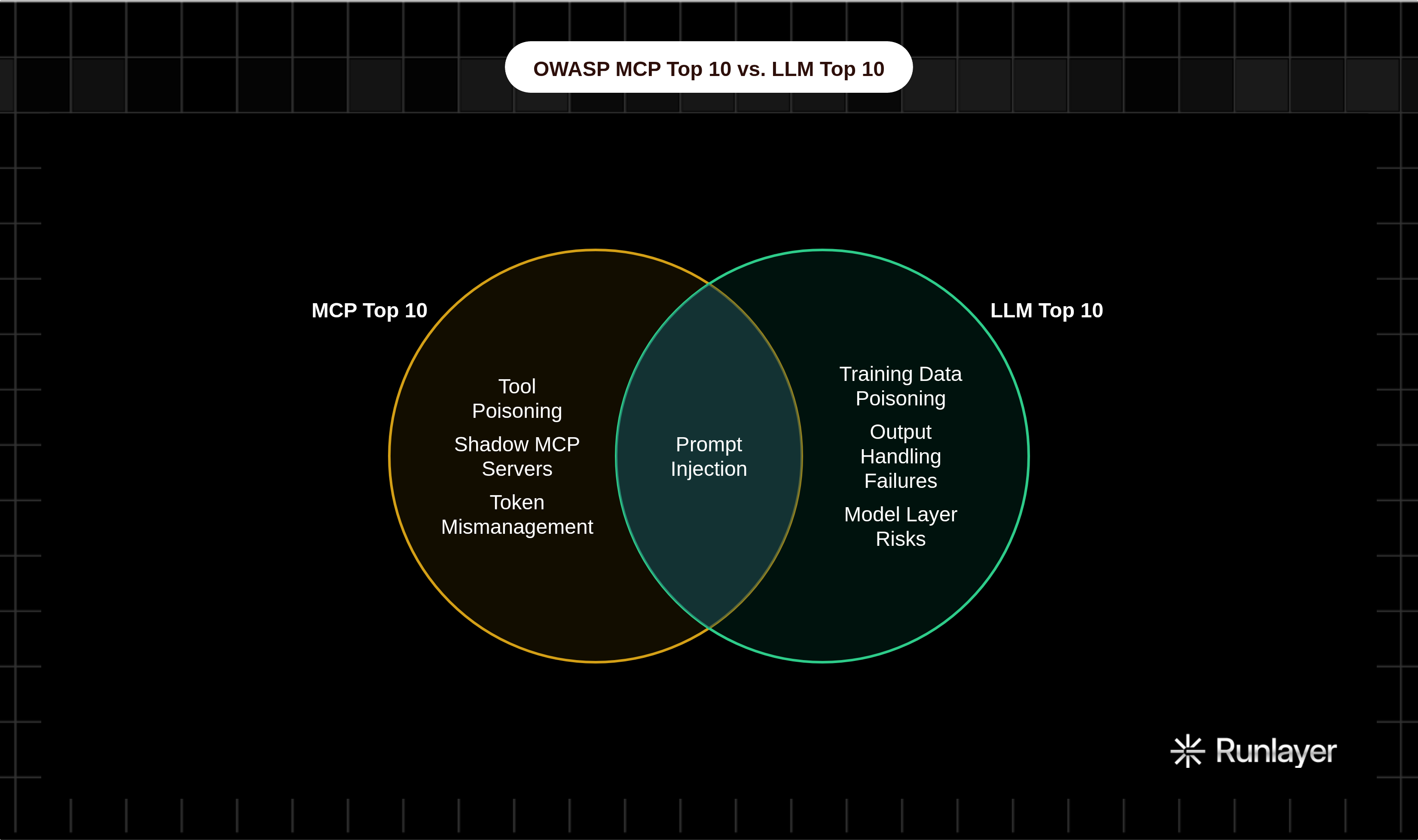Venn diagram: OWASP MCP Top 10 vs. LLM Top 10. Compares MCP Top 10 and LLM Top 10; overlap: Shared Risk.