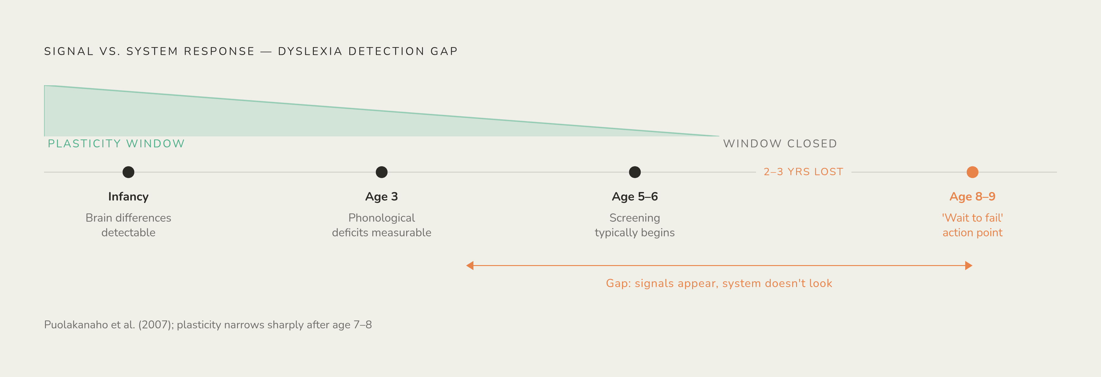 Diagram: The Brain's Window for Rewiring Closes Early. Visualizes: Visualize a timeline showing when dyslexia signals appear versus when the system typically responds.