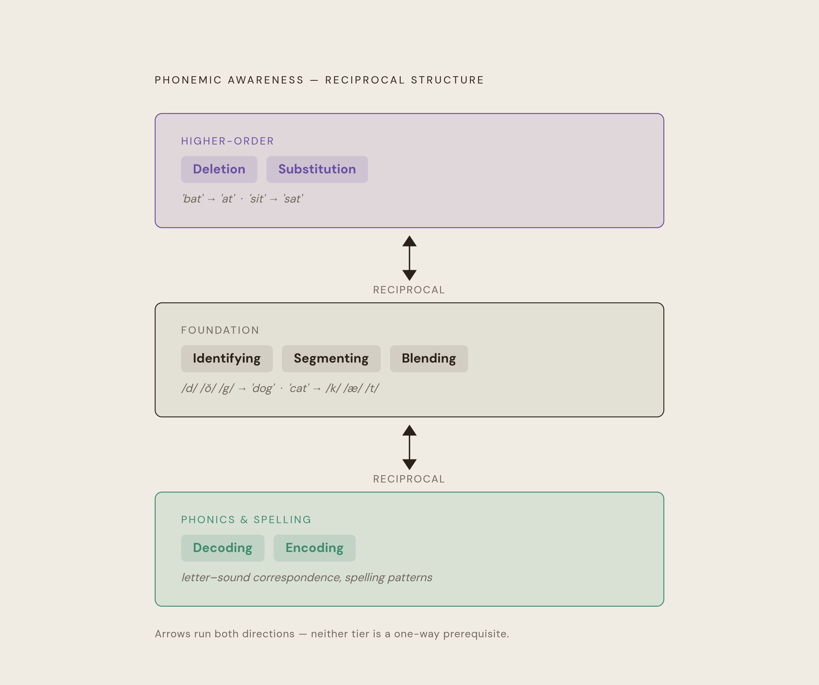Diagram: PA Skills: Foundation vs. Higher-Order. Visualizes: Visualize the internal developmental sequence within phonemic awareness as two tiers.