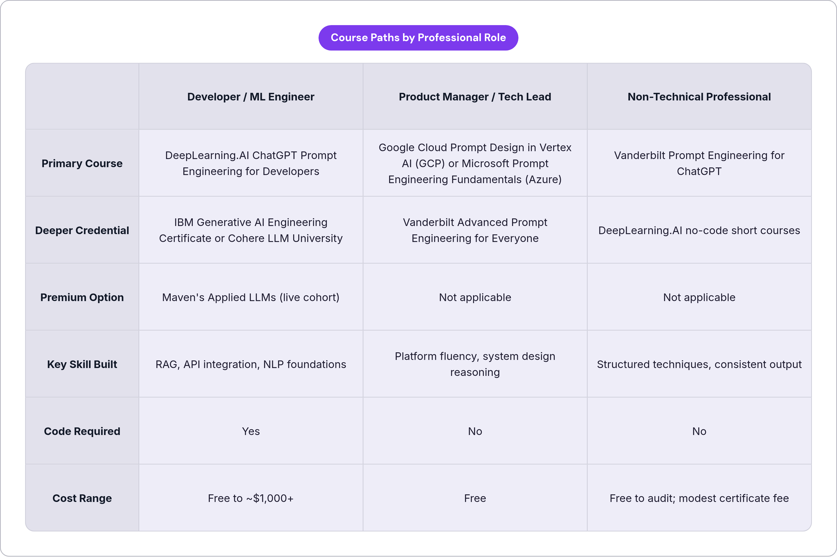 Table: Course Paths by Professional Role. Compares Primary Course, Deeper Credential, Premium Option, Key Skill Built, and 2 more by Developer / ML Engineer, Product Manager / Tech Lead and Non-Technical Professional.