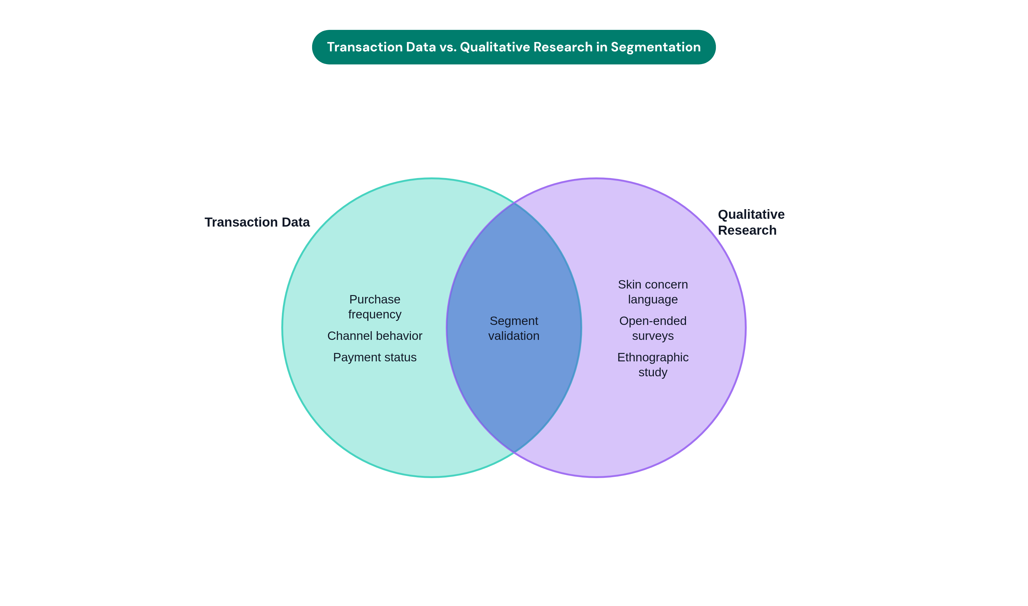 Venn diagram: Transaction Data vs. Qualitative Research in Segmentation. Compares Transaction Data and Qualitative Research; overlap: Full Segment Picture.