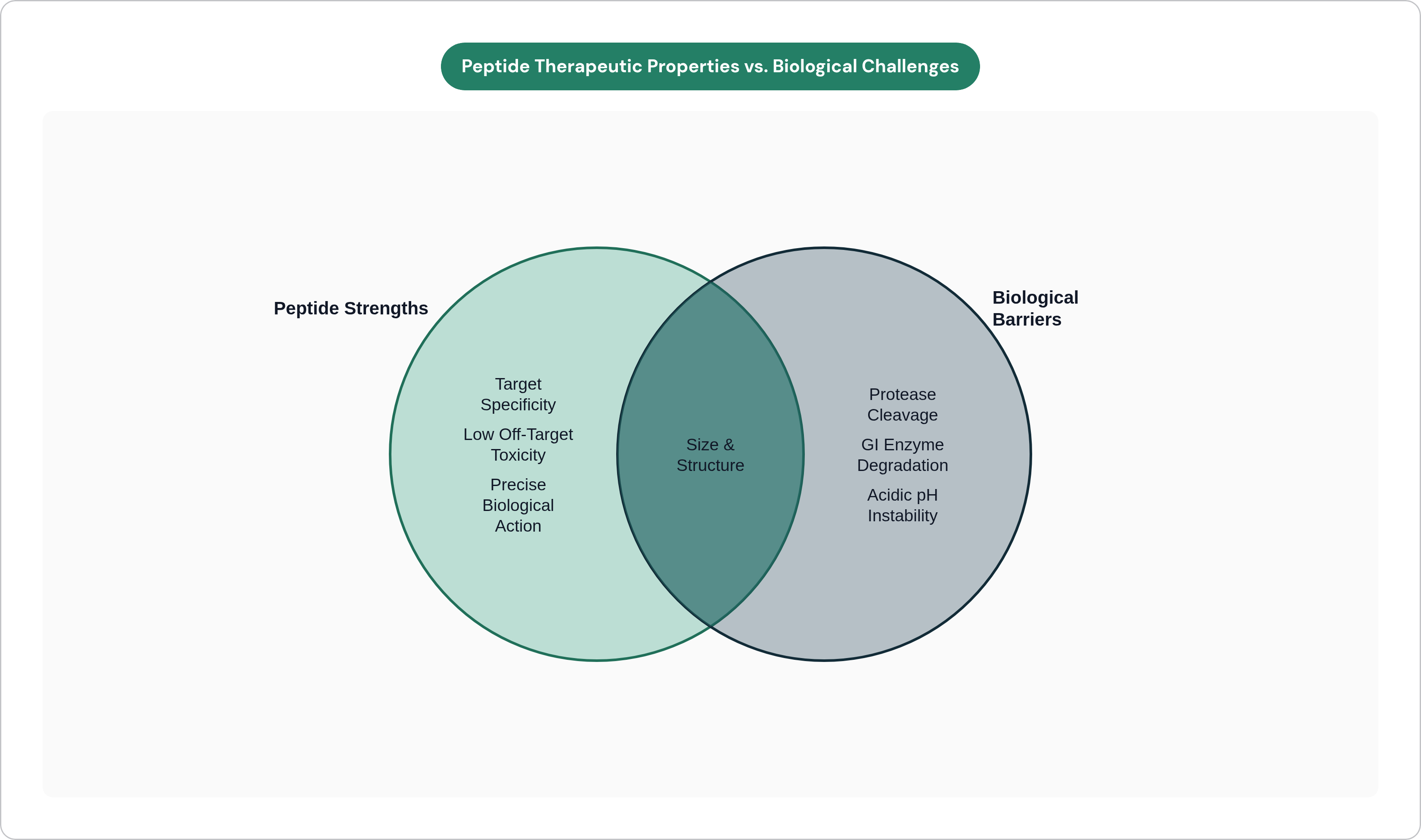 Venn diagram: Peptide Therapeutic Properties vs. Biological Challenges. Compares Peptide Strengths and Biological Barriers; overlap: Source of Both.