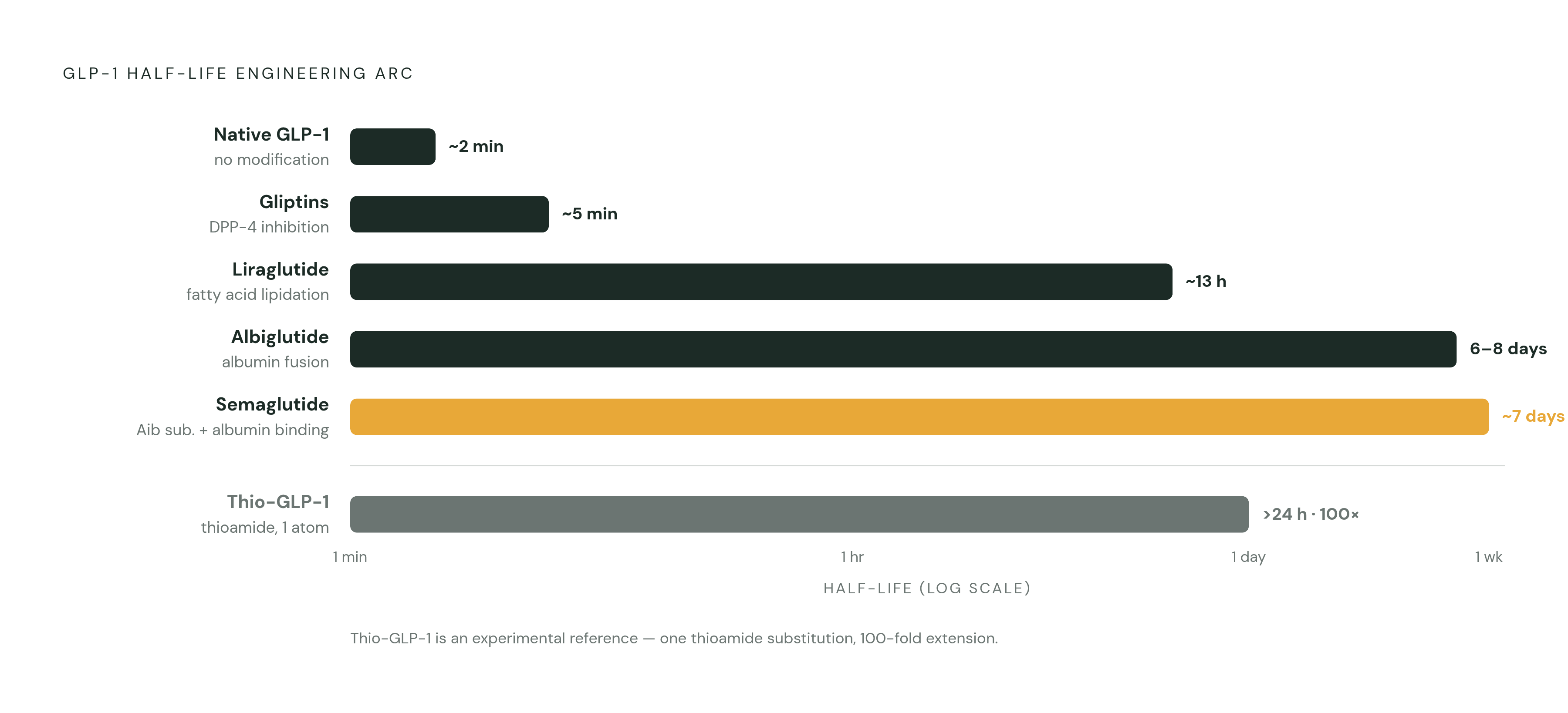 Diagram: GLP-1's Half-Life: From 2 Minutes to 7 Days. Visualizes: Show the half-life progression achieved by successive engineering strategies applied to GLP-1, moving from the native molecule through each major intervention.