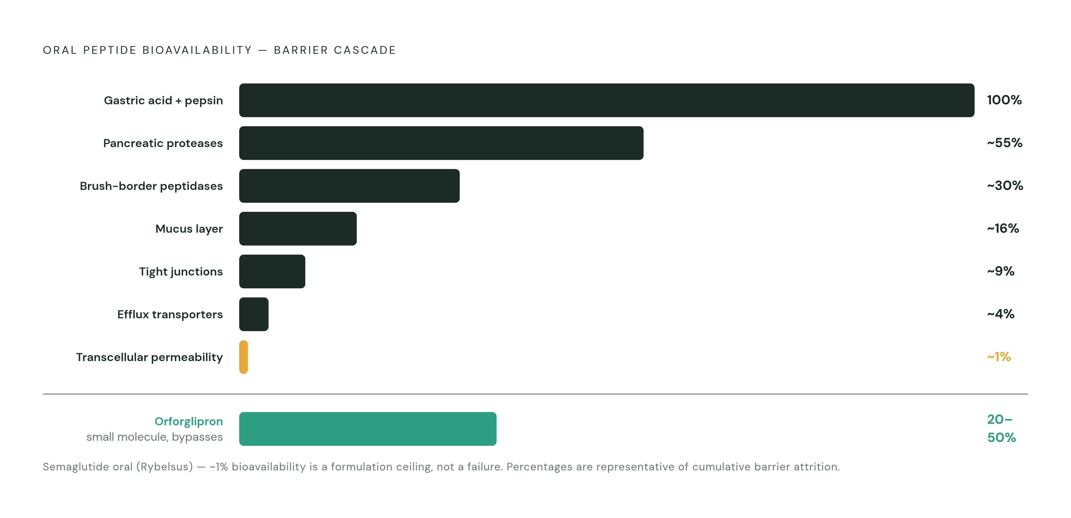 Diagram: One Percent: What Seven Barriers Leave Behind. Visualizes: Visualize the sequential, multiplicative barrier system that oral peptide drugs must survive, culminating in the 1% oral bioavailability achieved by semaglutide — the most…