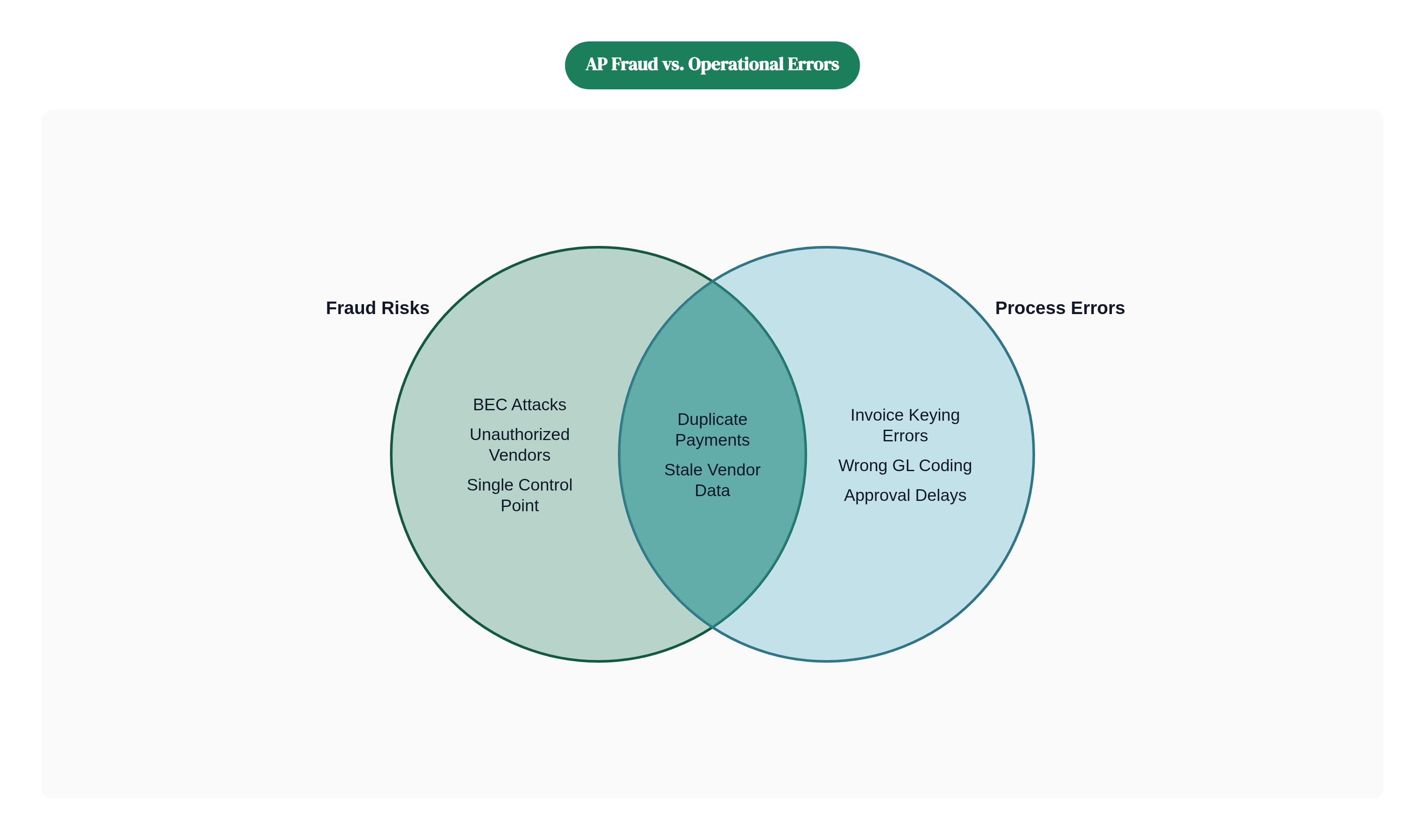 Venn diagram: AP Fraud vs. Operational Errors. Compares Fraud Risks and Process Errors; overlap: Shared Vulnerabilities.