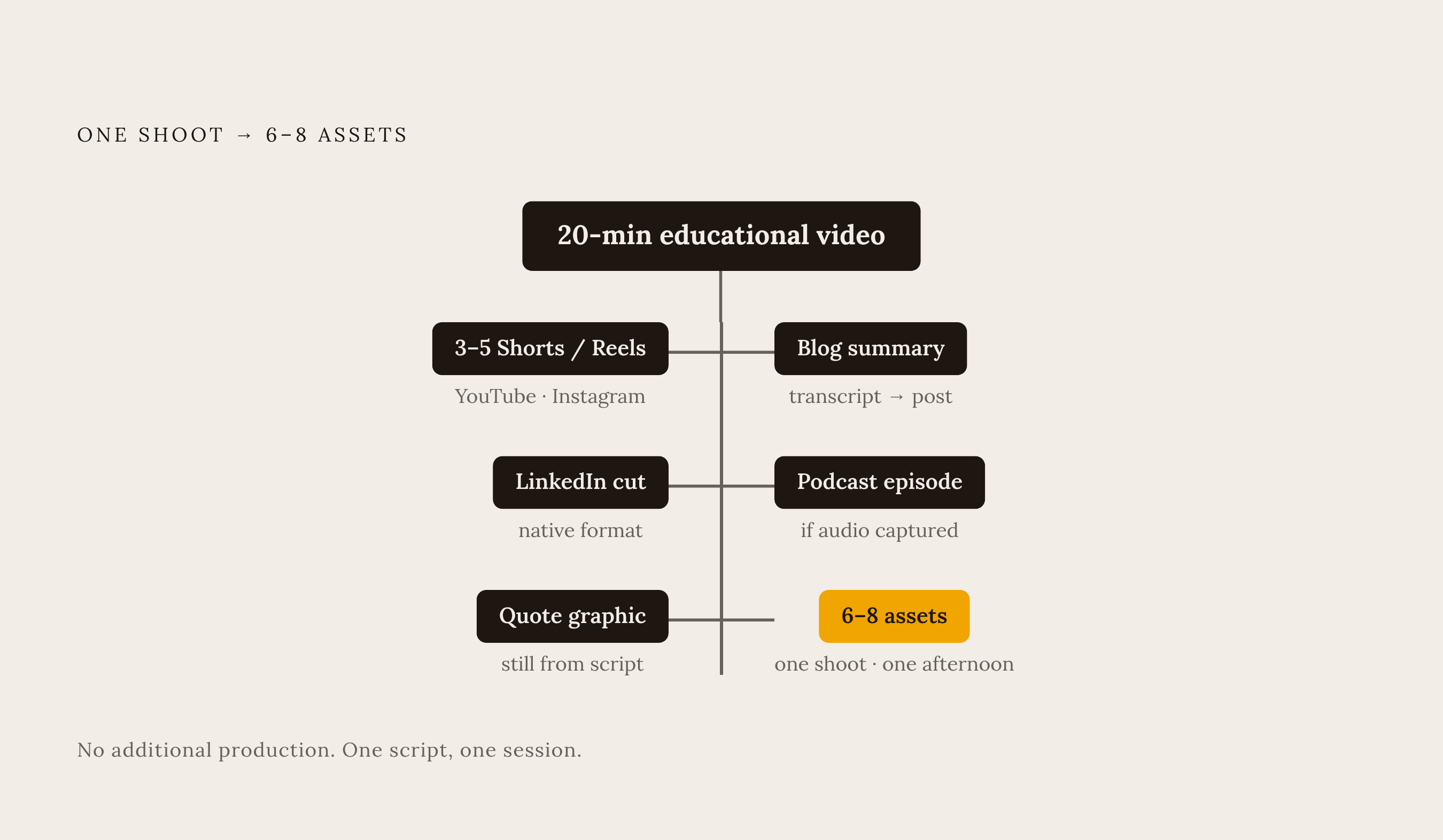 Diagram: One Shoot, Six to Eight Assets: The Repurpose Tree. Visualizes: Visualize how a single 20-minute educational pillar video branches into multiple derivative assets without additional production from scratch.