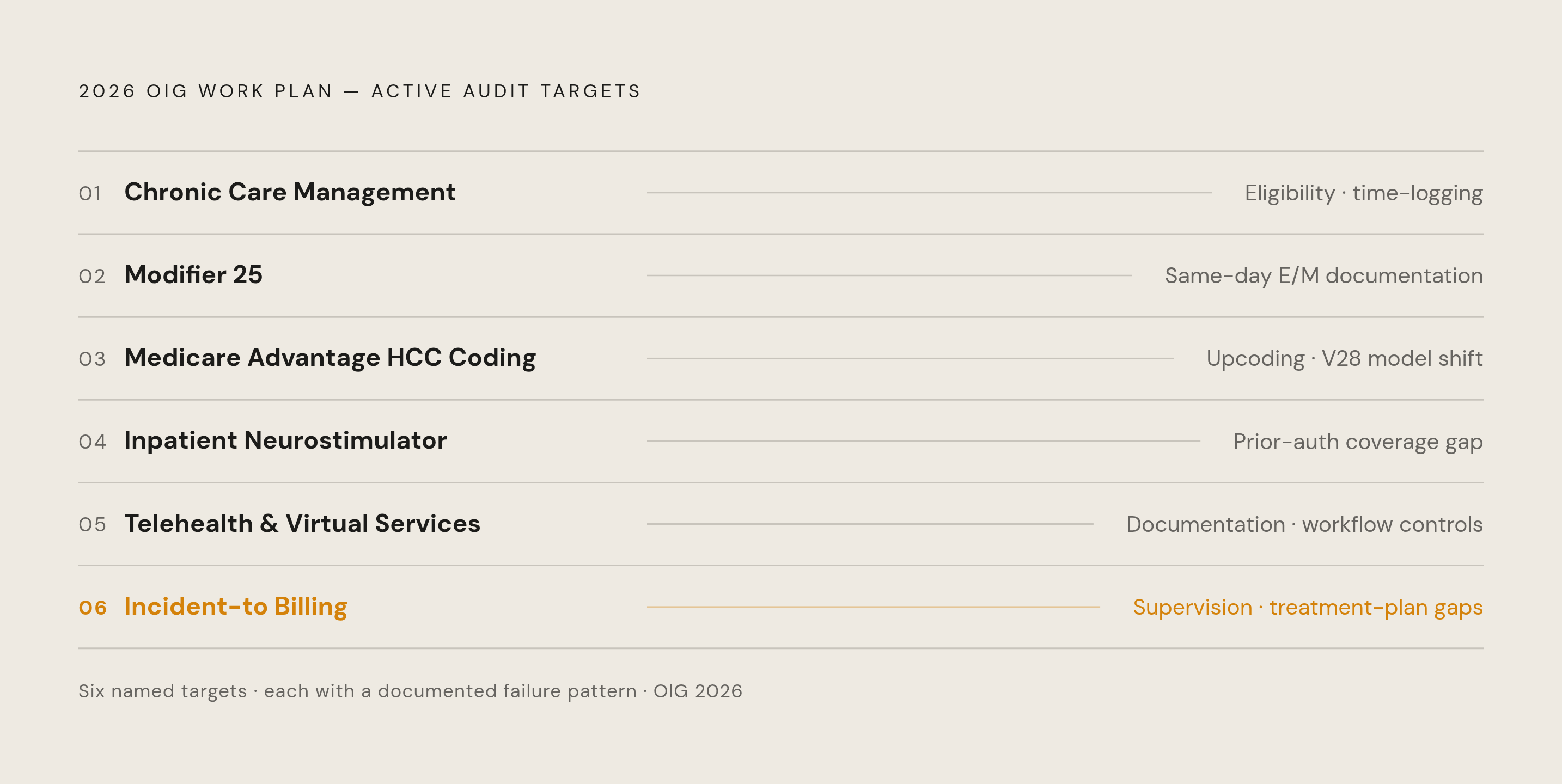 Diagram: Six Billing Areas Under Active OIG Audit in 2026. Visualizes: Show the six specific billing areas the 2026 OIG Work Plan has moved into active audit activity, as a ranked or sequential list with a brief risk label for each: 1) Chronic Care…