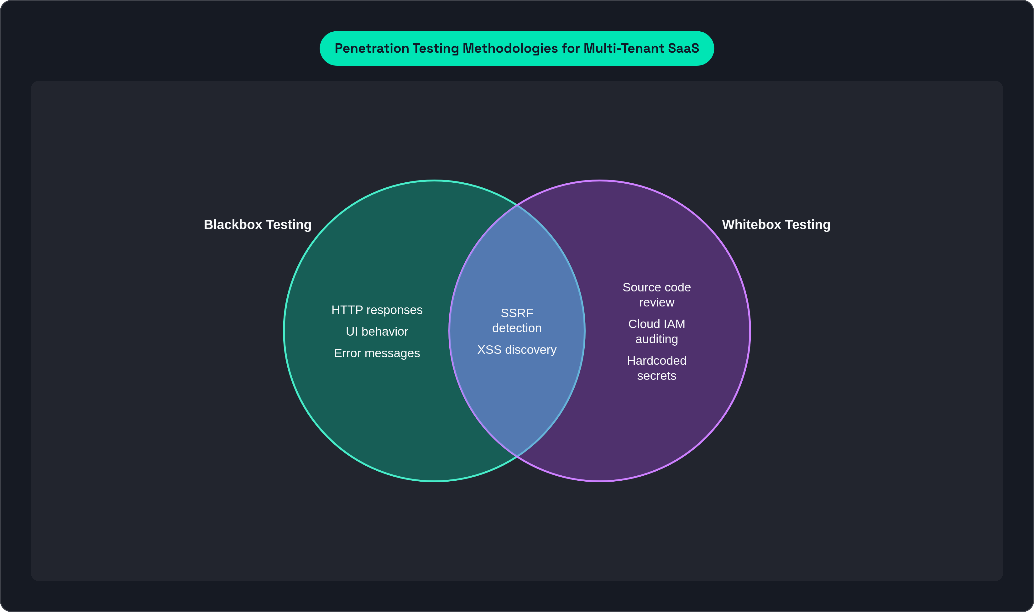 Venn diagram: Penetration Testing Methodologies for Multi-Tenant SaaS. Compares Blackbox Testing and Whitebox Testing; overlap: Shared Findings.