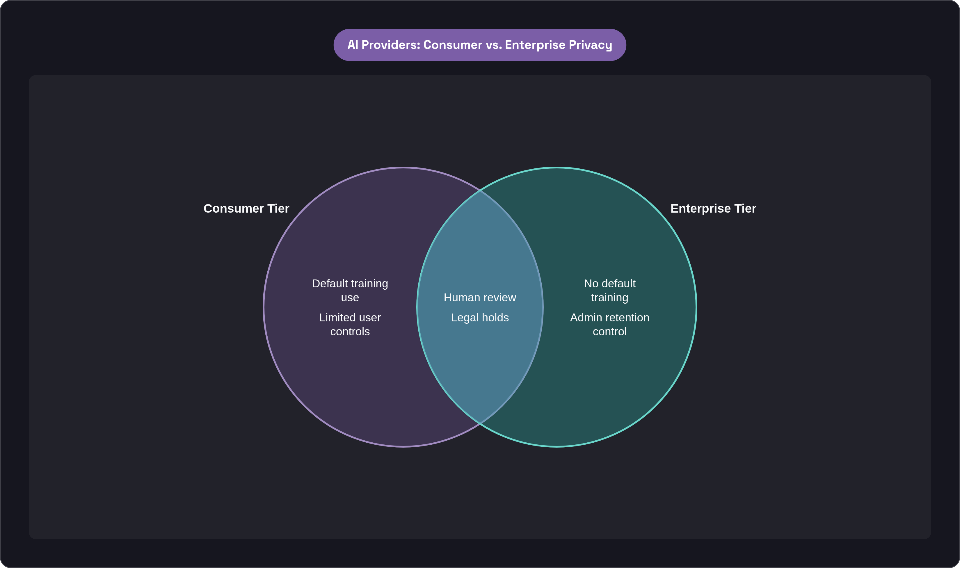Venn diagram: AI Providers: Consumer vs. Enterprise Privacy. Compares Consumer Tier and Enterprise Tier; overlap: Shared Practices.