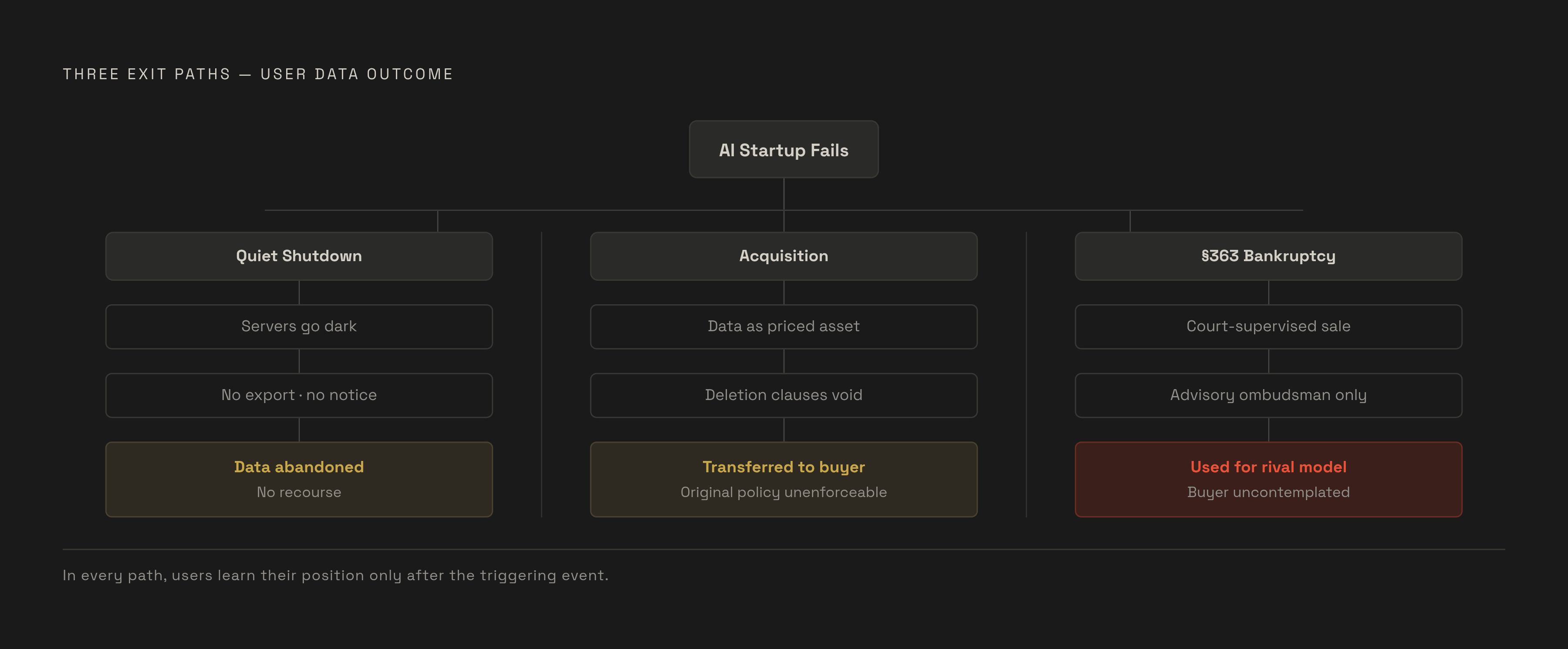 Diagram: Three Failure Paths, Three Data Outcomes. Visualizes: Visualize the three distinct paths an AI startup takes on its way out — and what happens to user data in each case.