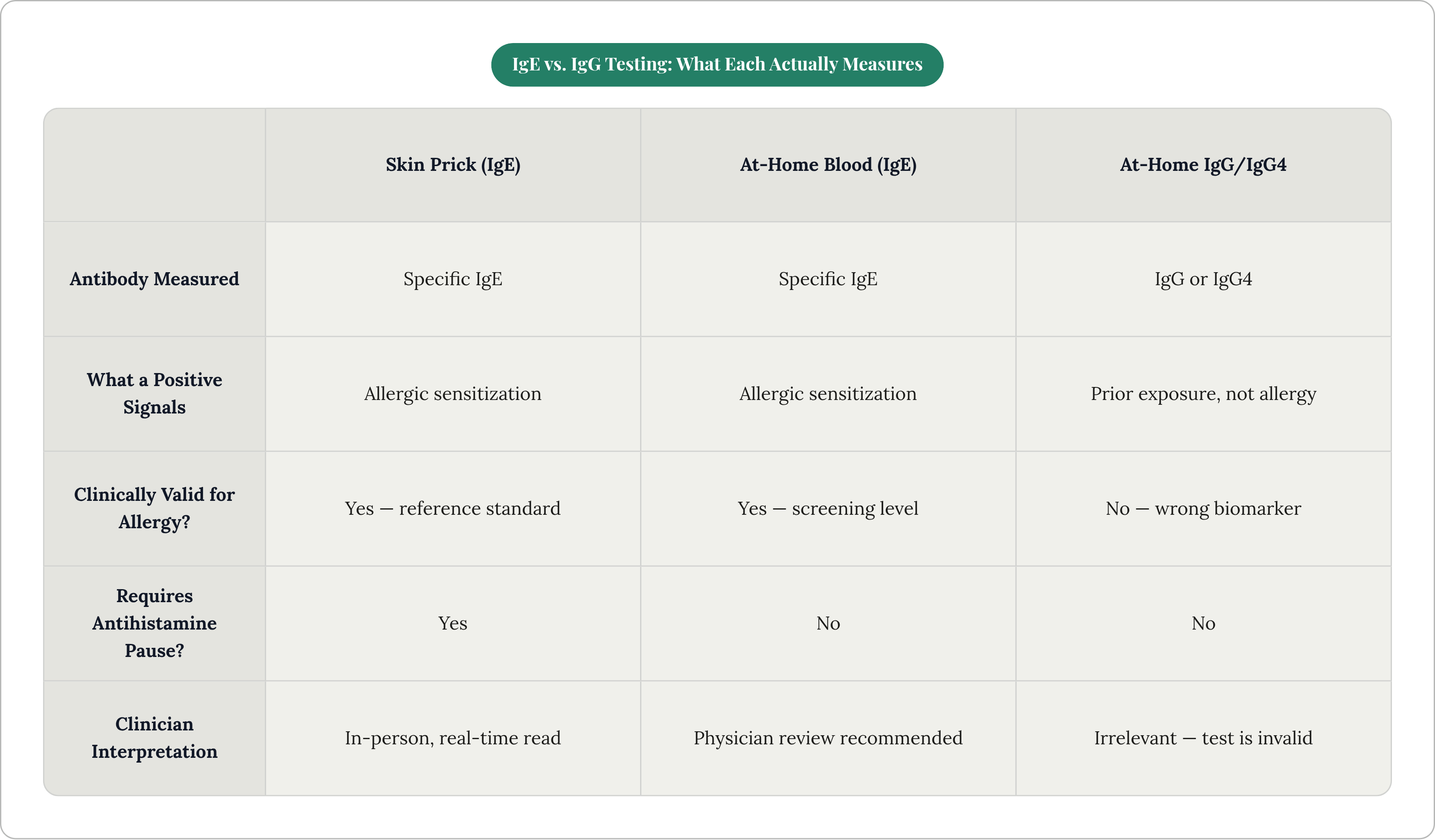 Table: IgE vs. IgG Testing: What Each Actually Measures. Compares Antibody Measured, What a Positive Signals, Clinically Valid for Allergy?, Requires Antihistamine Pause?, and 1 more by Skin Prick (IgE), At-Home Blood (IgE) and At-Home IgG/IgG4.