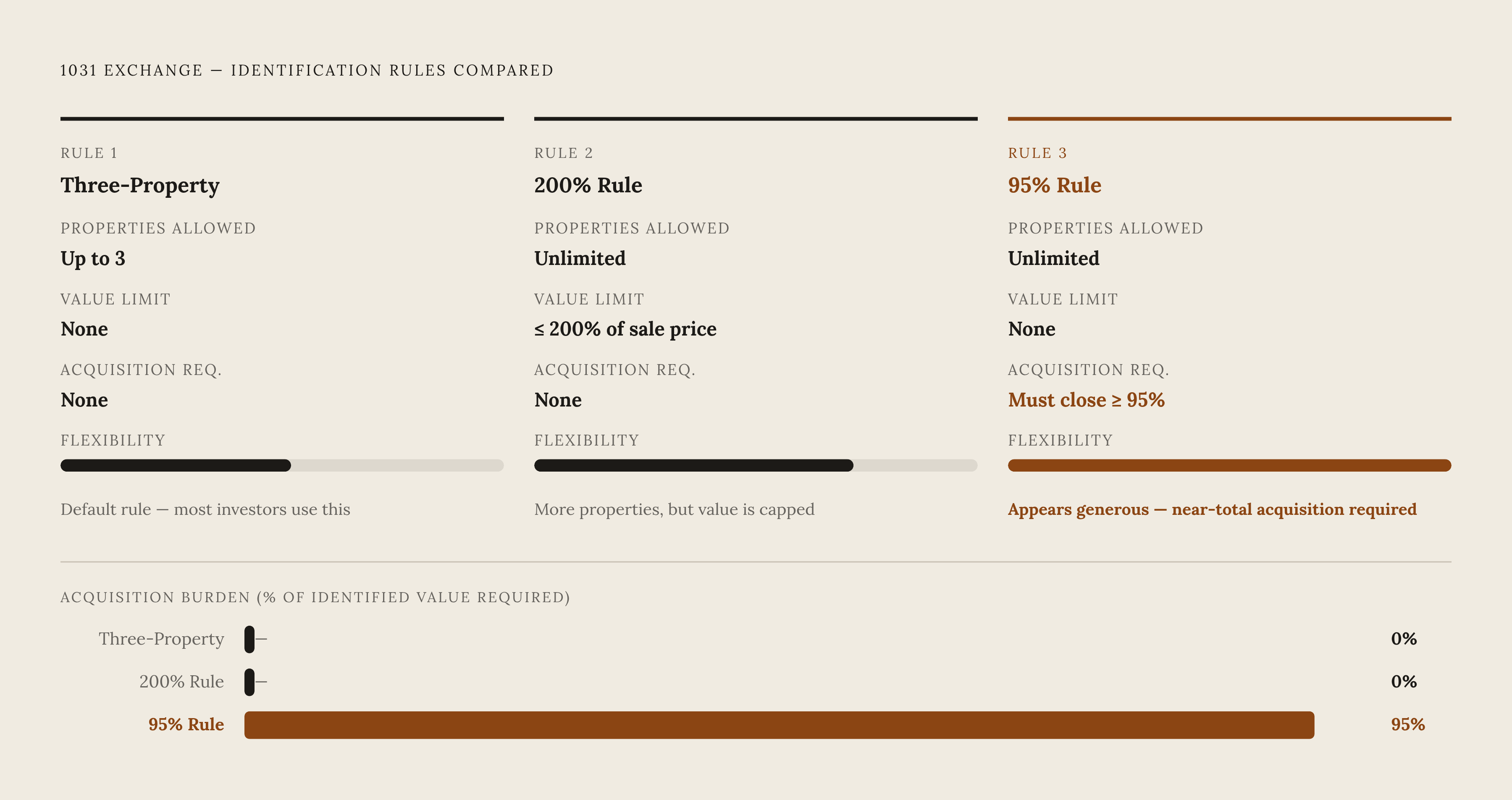 Diagram: Three Rules, One Exchange: How the Identification Options Stack Up. Visualizes: Show the three identification rules side by side as a ranked or tiered structure, each with its defining constraint and the practical ceiling it implies.