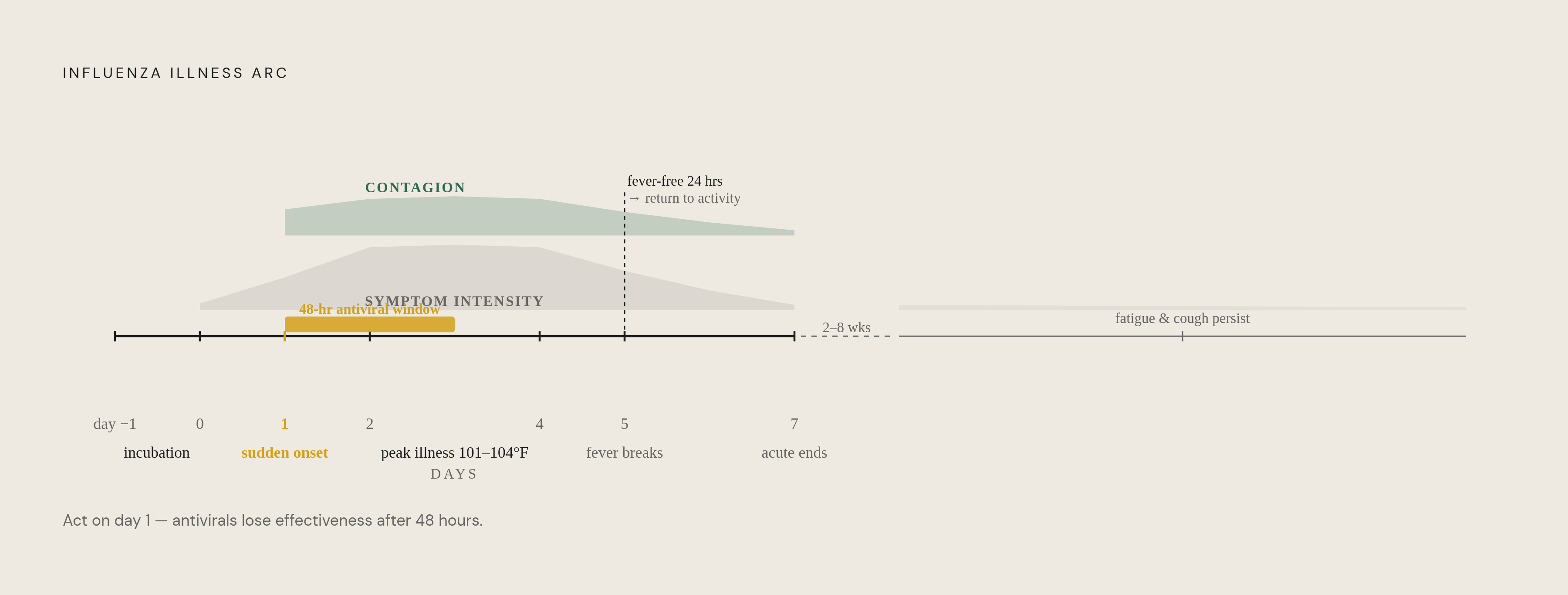 Diagram: The Flu Timeline: Symptoms, Contagion, and Recovery Day by Day. Visualizes: Visualize the flu illness arc as a horizontal timeline running from Incubation (days −1 to 0) through Day 1 (sudden onset), Days 2–4 (peak illness, fever…