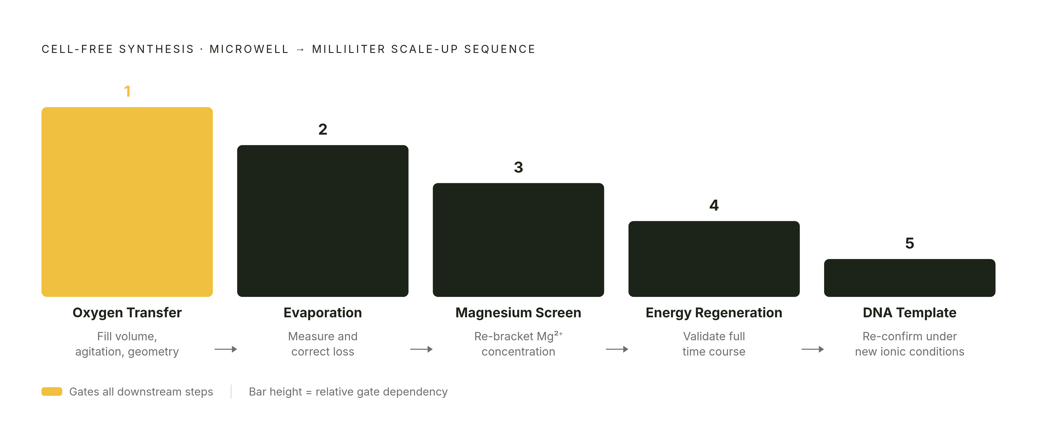 Diagram: Five Steps to Re-Calibrate a CFPS Reaction After a Format Change. Visualizes: Visualize a five-step sequential process for re-tuning a cell-free protein synthesis reaction when moving from microwell to milliliter scale.
