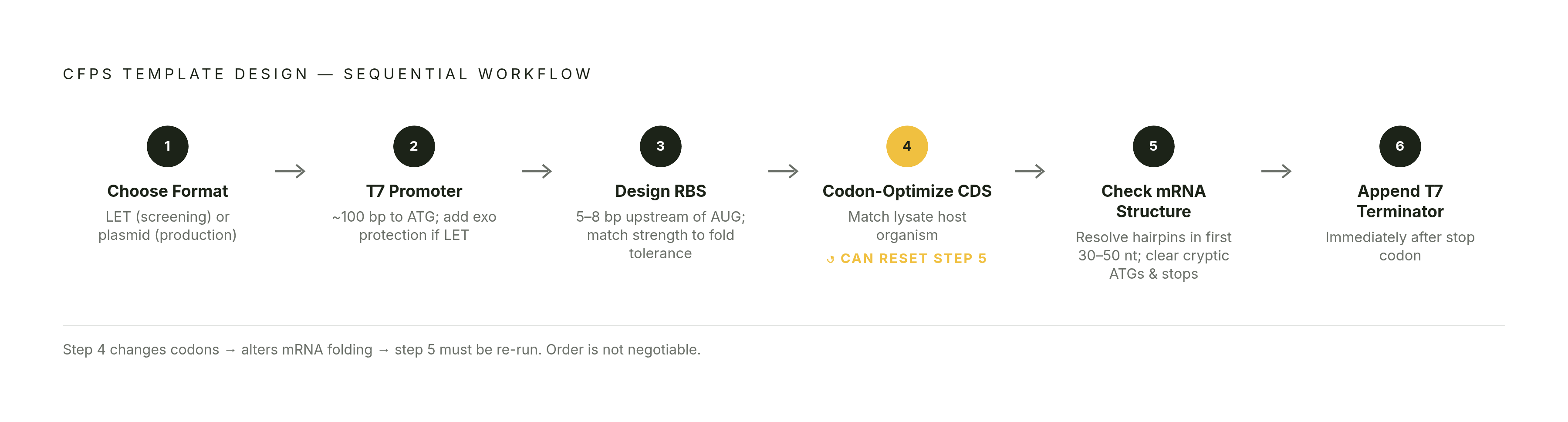 Diagram: Template Design Order of Operations. Visualizes: Visualize the six-step sequential workflow for designing a CFPS template before synthesis.