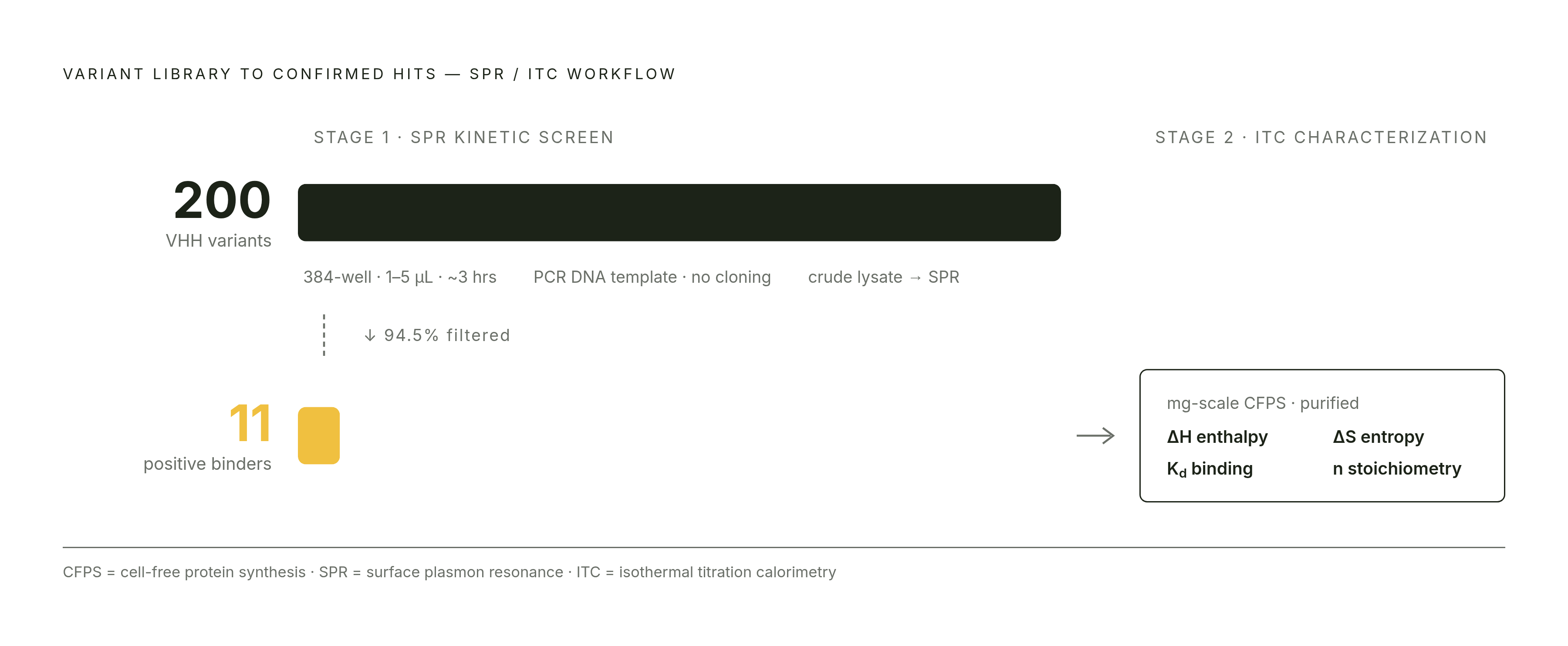 Diagram: Two-Stage Screening Funnel: From Hundreds of Variants to ITC-Ready Hits. Visualizes: Visualize a two-stage funnel workflow that collapses a large variant library into a small, confirmed hit set ready for deep thermodynamic characterization.