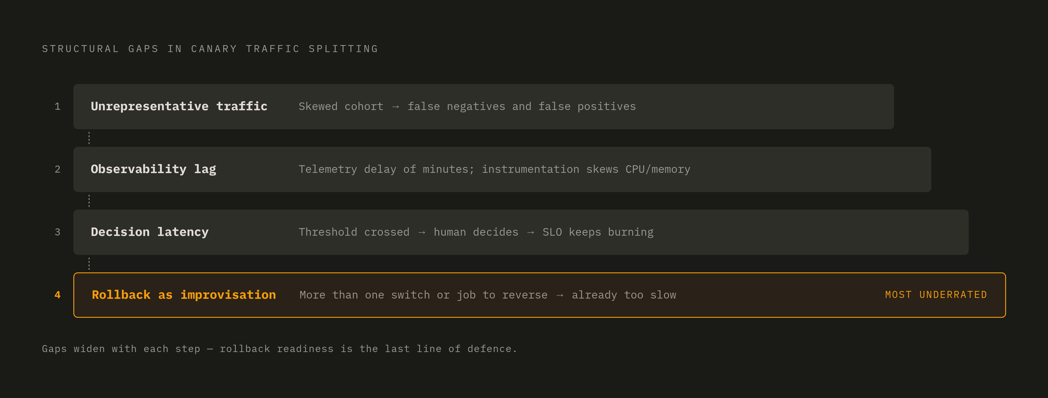 Diagram: The Four Structural Gaps Canary Deployments Leave Open. Visualizes: Visualize the four structural gaps that canary traffic splitting cannot close on its own, as a ranked or stepped list with a brief descriptor for each: 1) Unrepresentative…