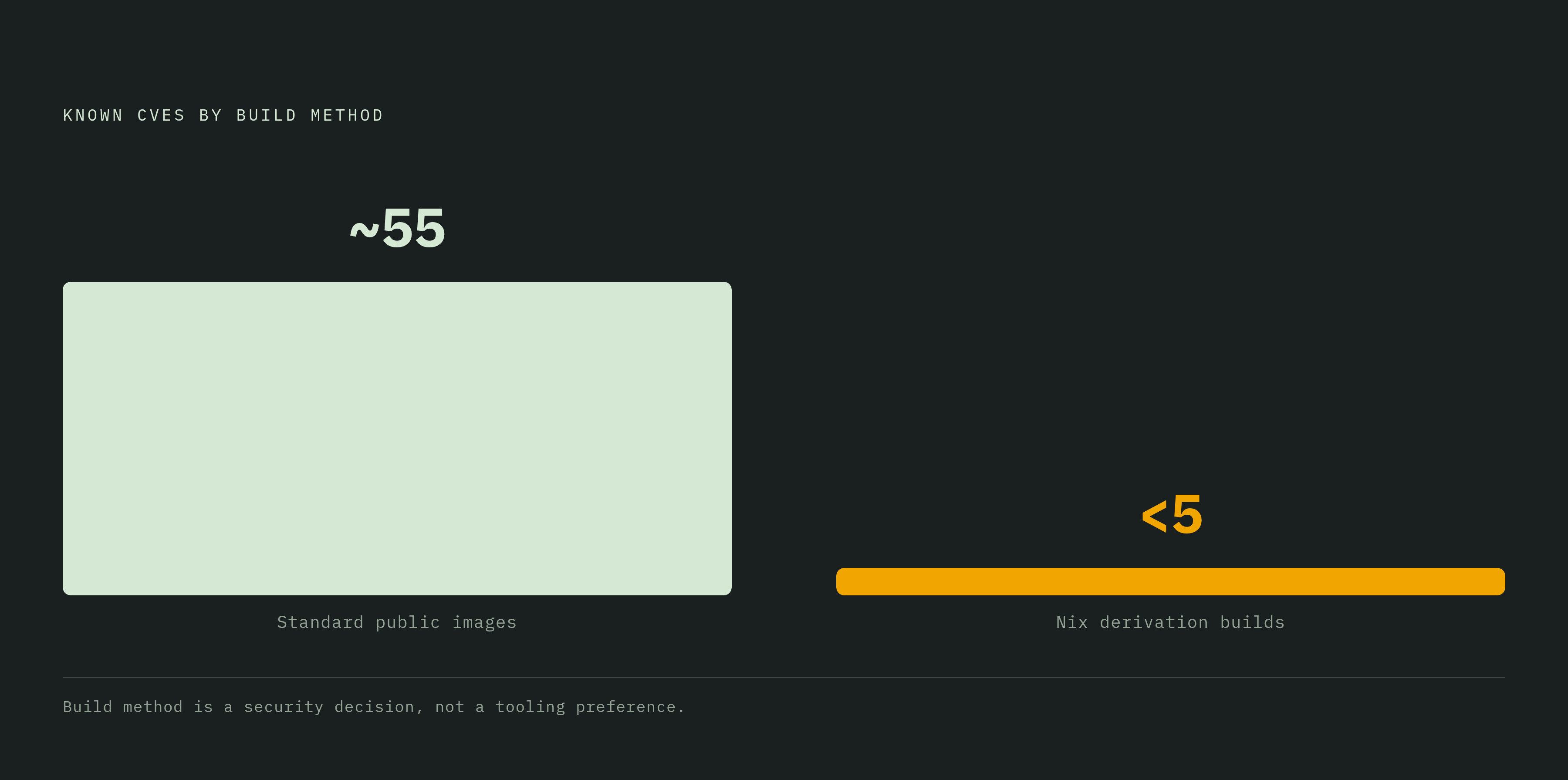 Diagram: Build Method and CVE Exposure. Visualizes: Show the security gap between two build approaches using two concrete numbers from the article: standard public container images ship with roughly 50–60 known CVEs baked in; source-built images…
