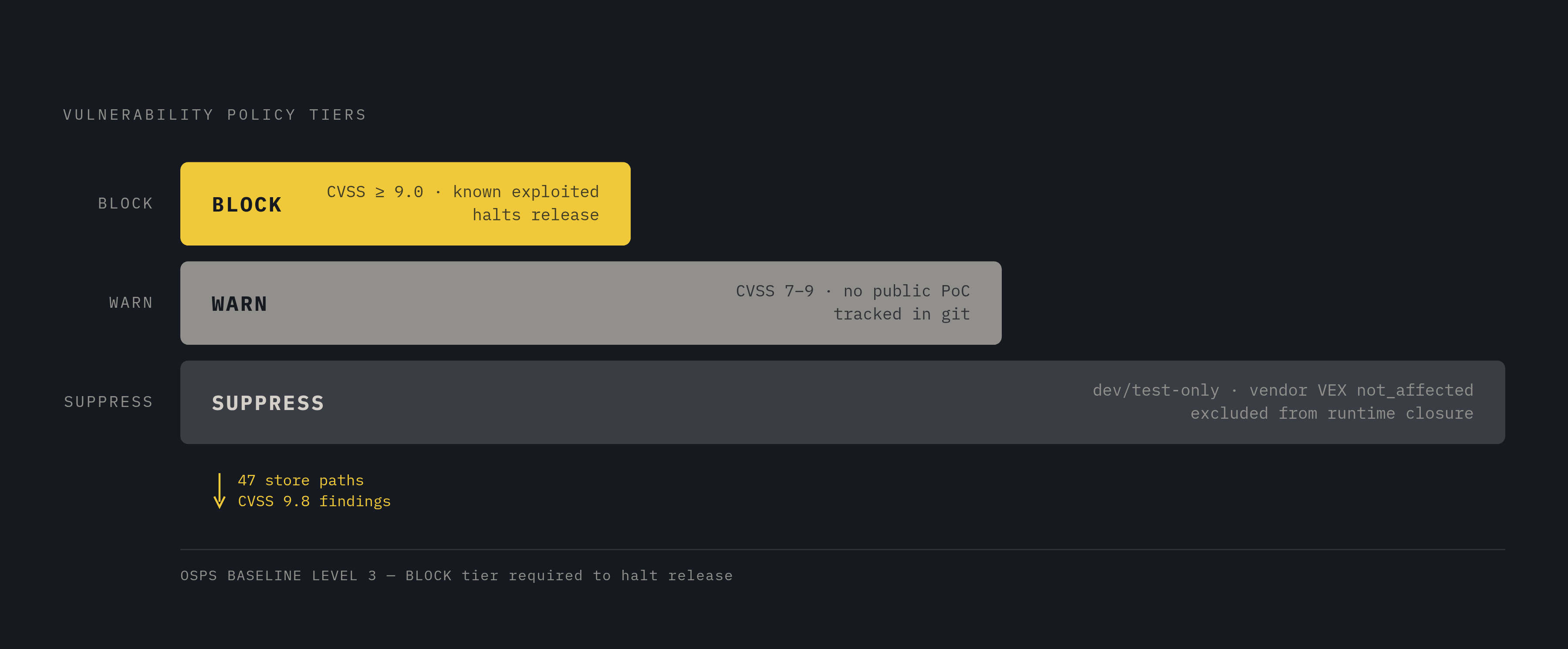 Diagram: The Three-Tier CVE Blocking Policy. Visualizes: Show a ranked, three-tier policy stack that separates vulnerability findings into Block, Warn, and Suppress levels.