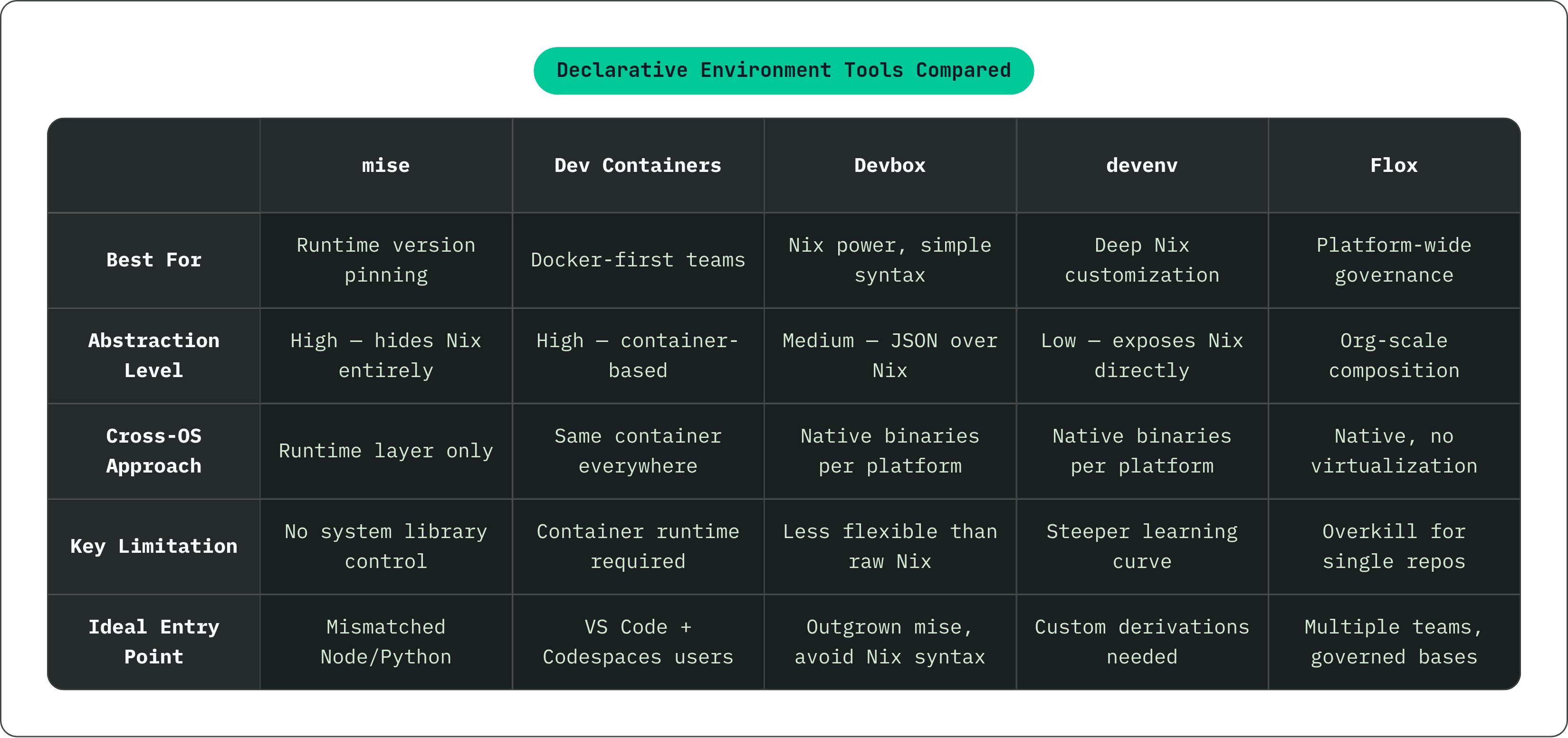 Table: Declarative Environment Tools Compared. Compares Best For, Abstraction Level, Cross-OS Approach, Key Limitation, and 1 more by mise, Dev Containers, Devbox, devenv, and 1 more.