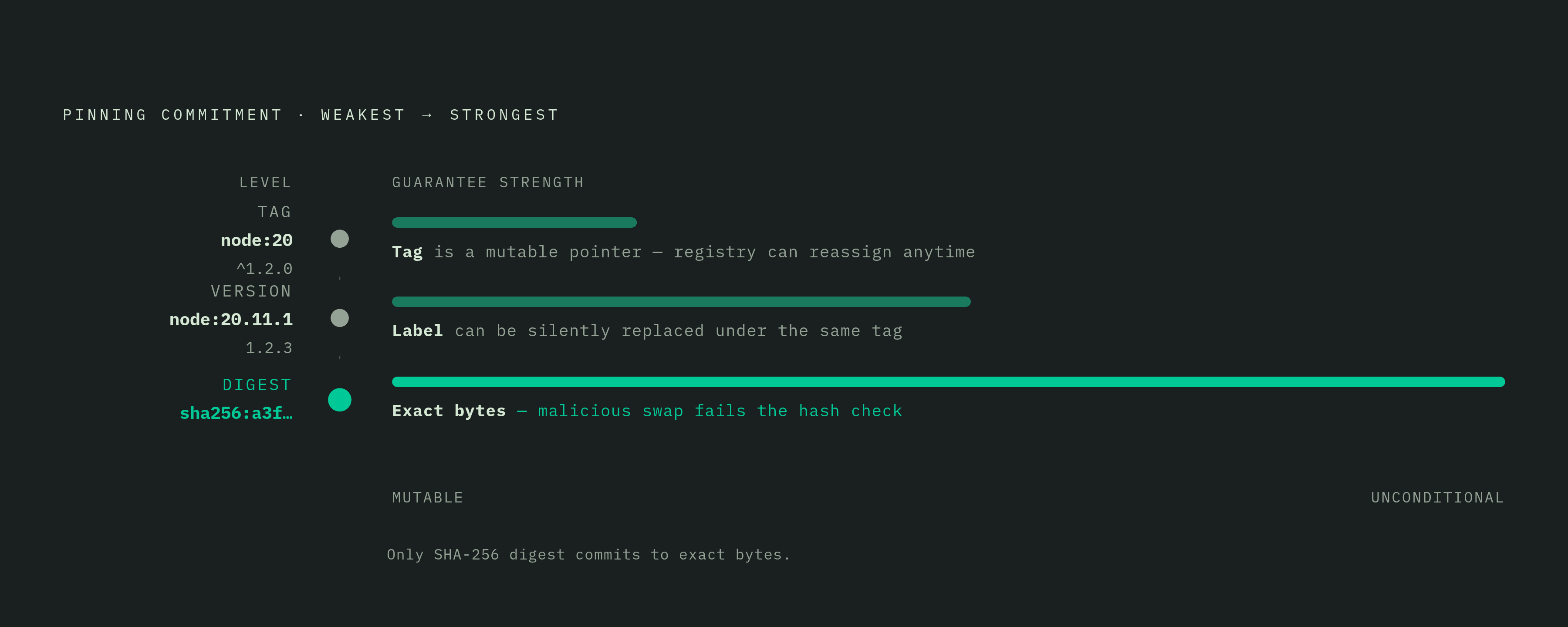 Diagram: A Tag Is Not a Pin: Three Levels of Commitment. Visualizes: Illustrate the progression from weakest to strongest pinning commitment across three dimensions: version tag (e.g.