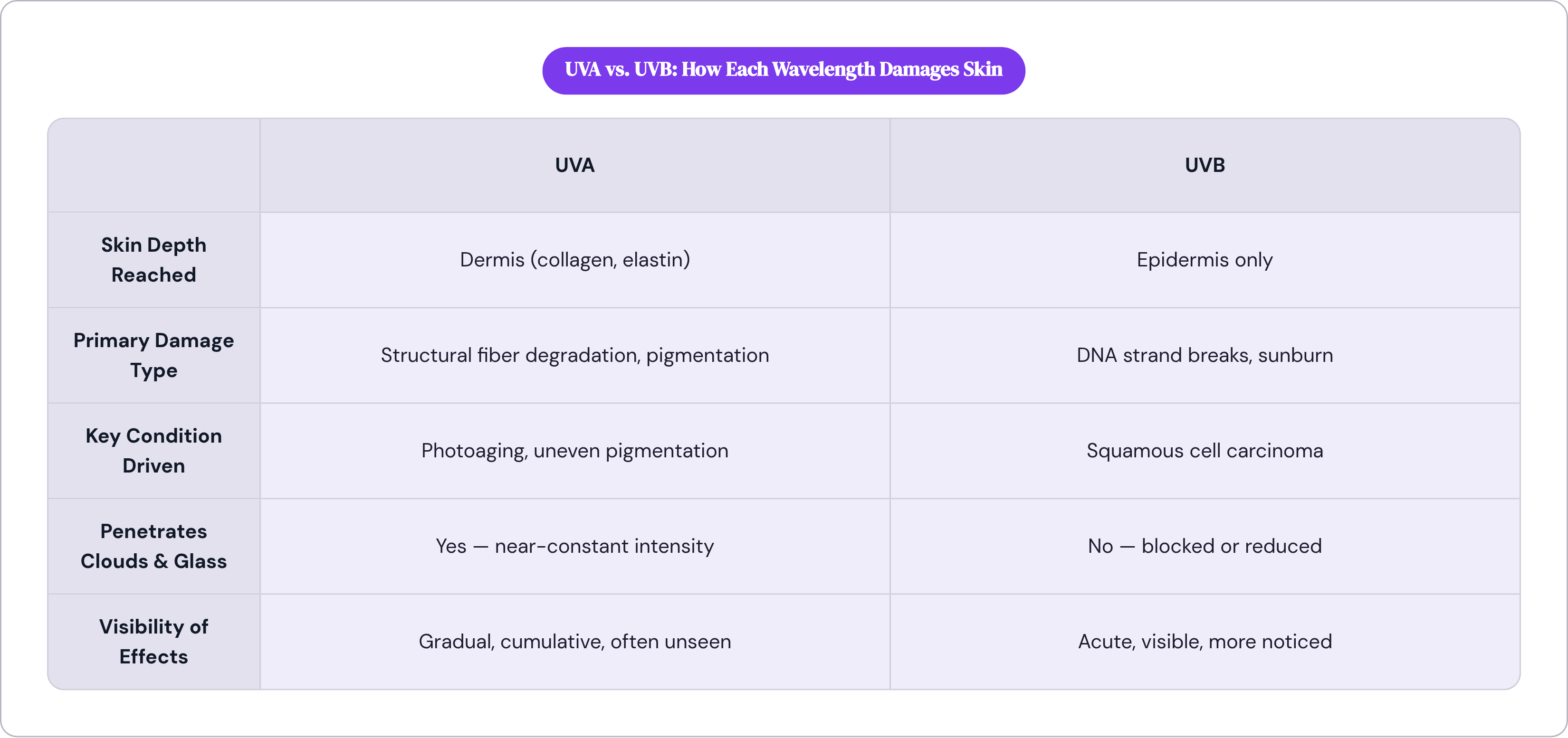 Table: UVA vs. UVB: How Each Wavelength Damages Skin. Compares Skin Depth Reached, Primary Damage Type, Key Condition Driven, Penetrates Clouds & Glass, and 1 more by UVA and UVB.