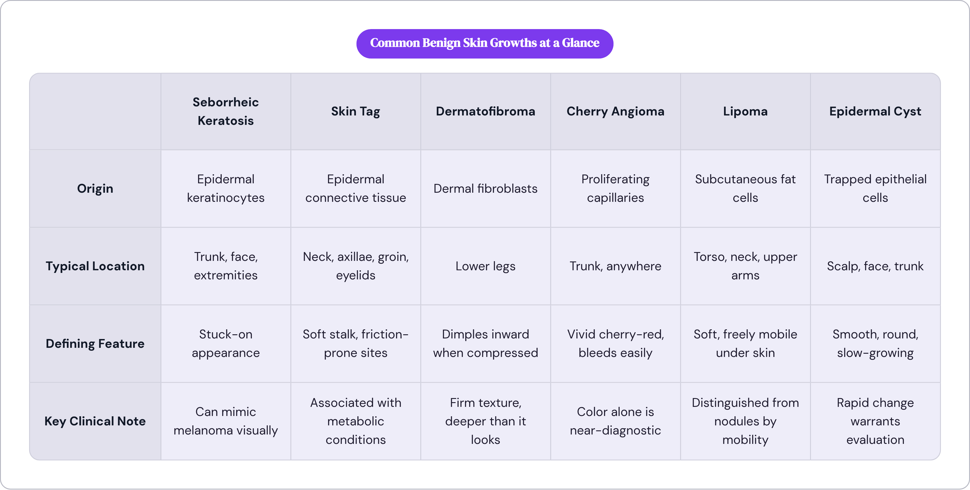 Table: Common Benign Skin Growths at a Glance. Compares Origin, Typical Location, Defining Feature and Key Clinical Note by Seborrheic Keratosis, Skin Tag, Dermatofibroma, Cherry Angioma, and 2 more.
