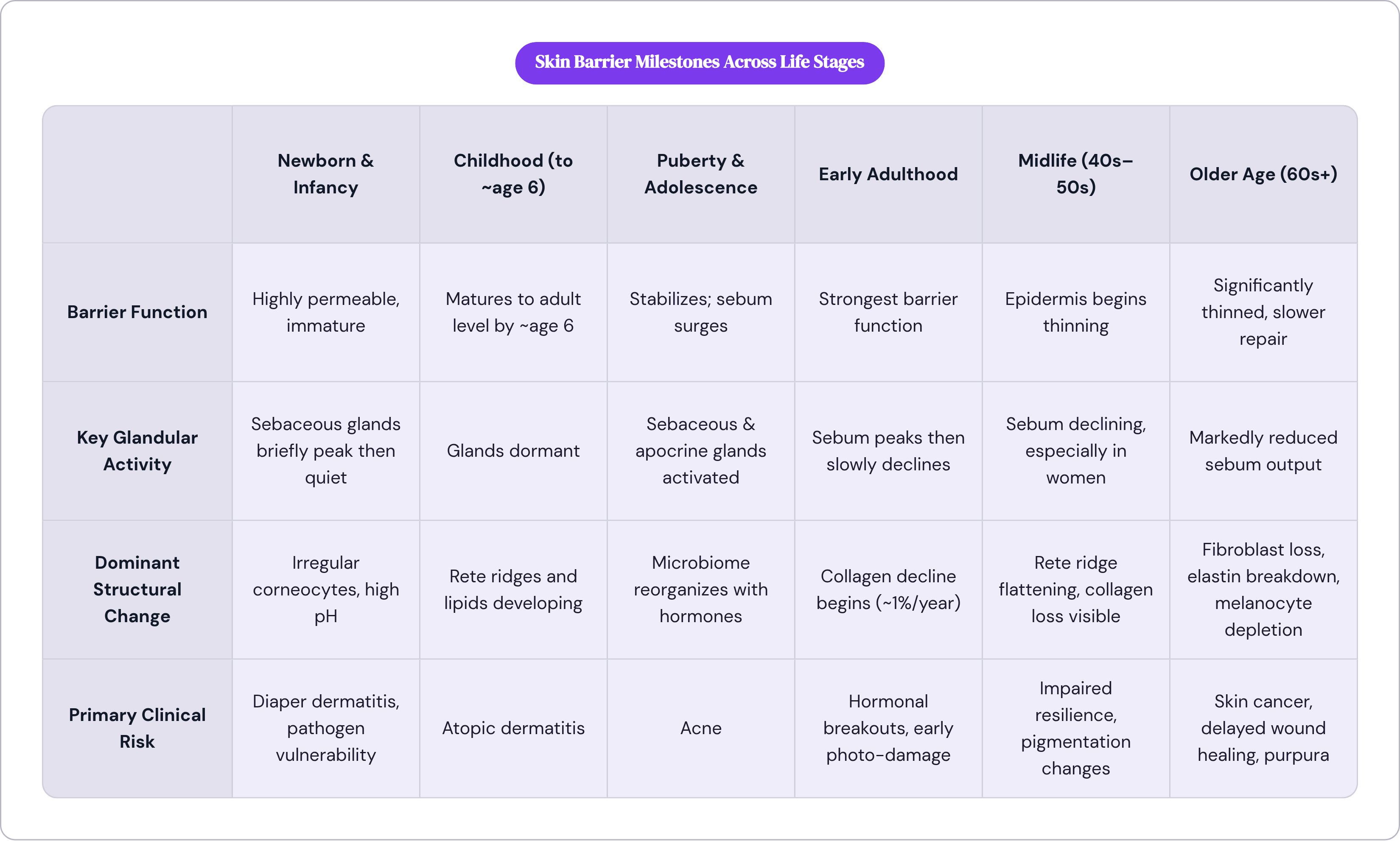 Table: Skin Barrier Milestones Across Life Stages. Compares Barrier Function, Key Glandular Activity, Dominant Structural Change and Primary Clinical Risk by Newborn & Infancy, Childhood (to ~age 6), Puberty & Adolescence, Early Adulthood, and 2…