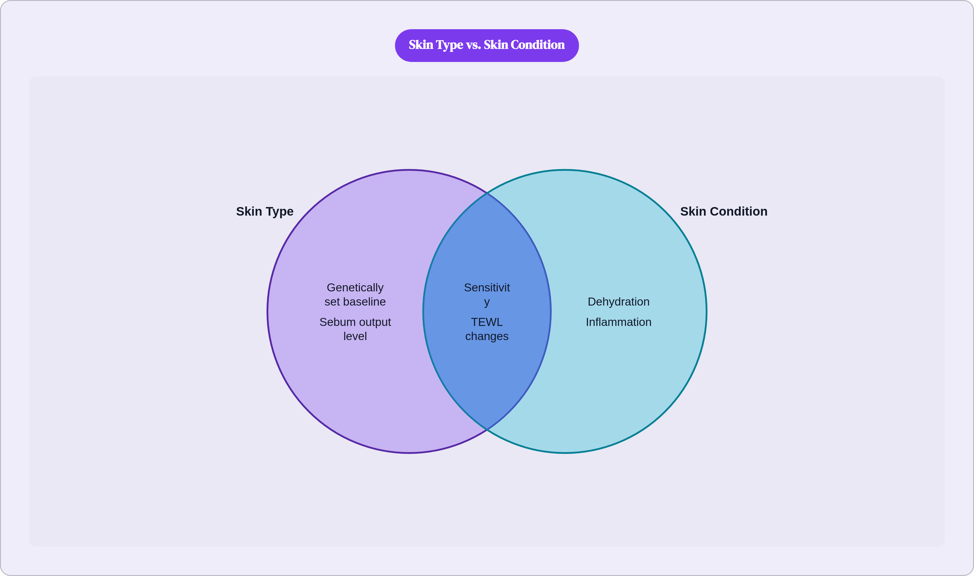 Venn diagram: Skin Type vs. Skin Condition. Compares Skin Type and Skin Condition; overlap: Shared Features.