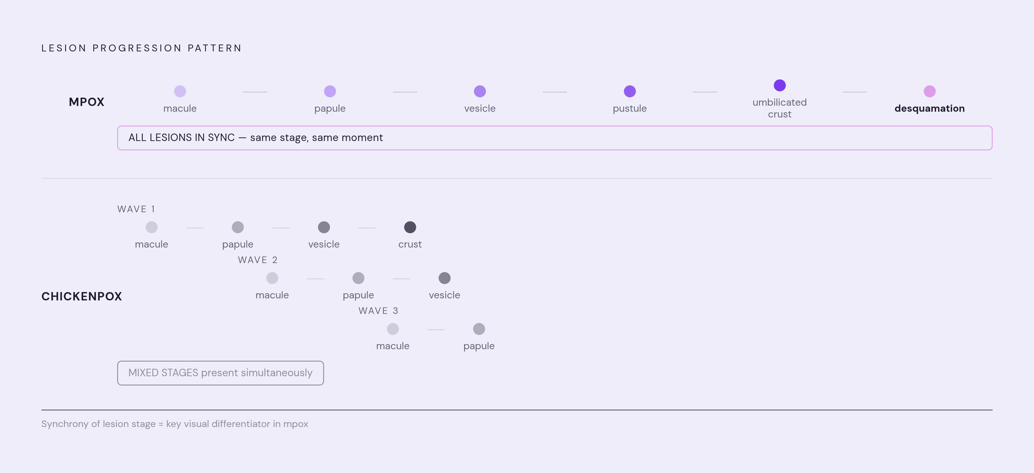 Diagram: Chickenpox vs. Mpox: Mixed Stages vs. Synchronized Progression. Visualizes: Illustrate the fundamental contrast in lesion progression between chickenpox and mpox.
