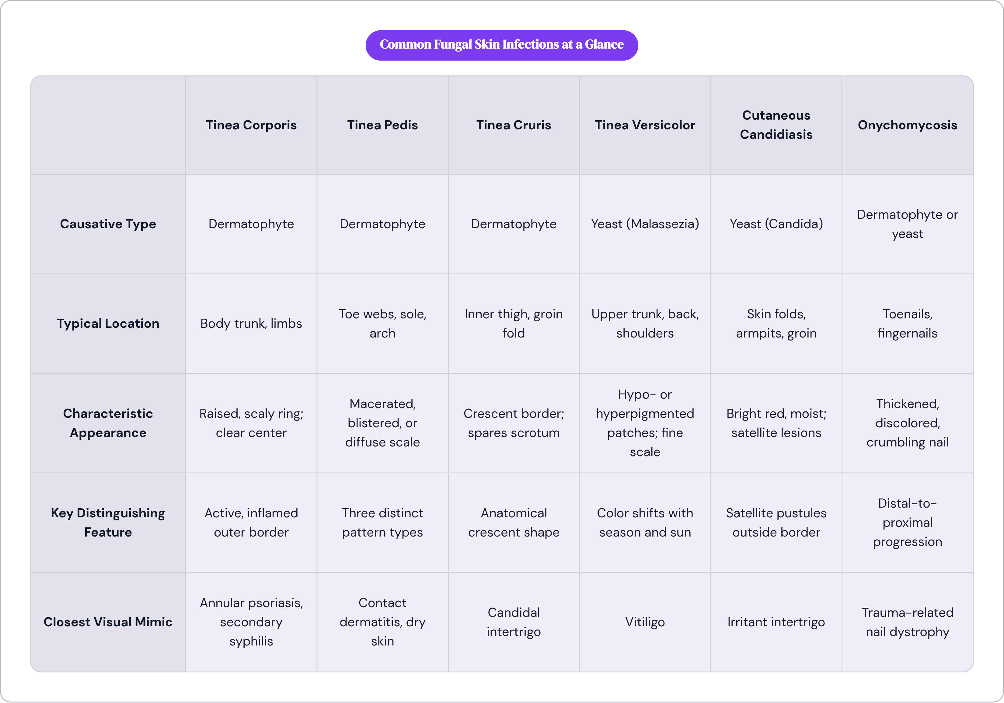 Table: Common Fungal Skin Infections at a Glance. Compares Causative Type, Typical Location, Characteristic Appearance, Key Distinguishing Feature, and 1 more by Tinea Corporis, Tinea Pedis, Tinea Cruris, Tinea Versicolor, and 2 more.