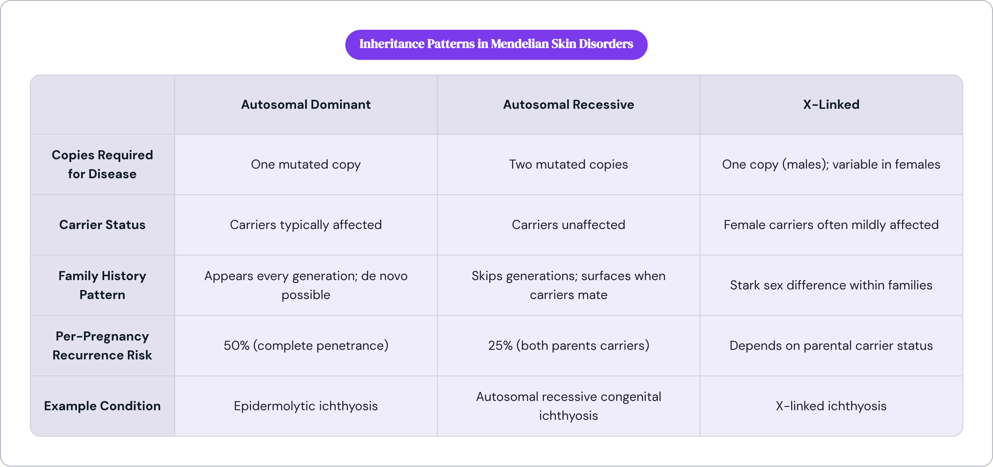 Table: Inheritance Patterns in Mendelian Skin Disorders. Compares Copies Required for Disease, Carrier Status, Family History Pattern, Per-Pregnancy Recurrence Risk, and 1 more by Autosomal Dominant, Autosomal Recessive and X-Linked.