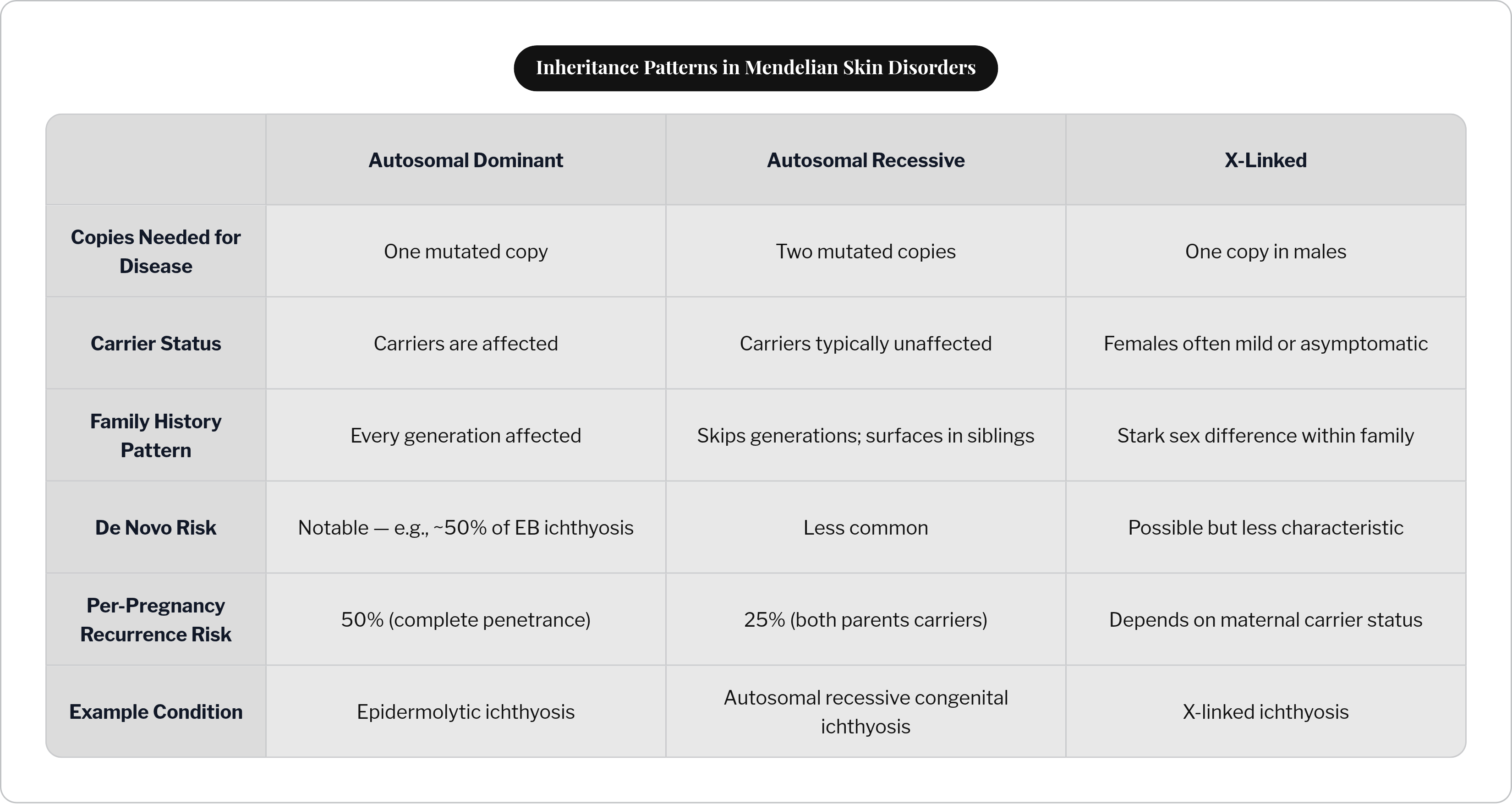 Table: Inheritance Patterns in Mendelian Skin Disorders. Compares Copies Needed for Disease, Carrier Status, Family History Pattern, De Novo Risk, and 2 more by Autosomal Dominant, Autosomal Recessive and X-Linked.