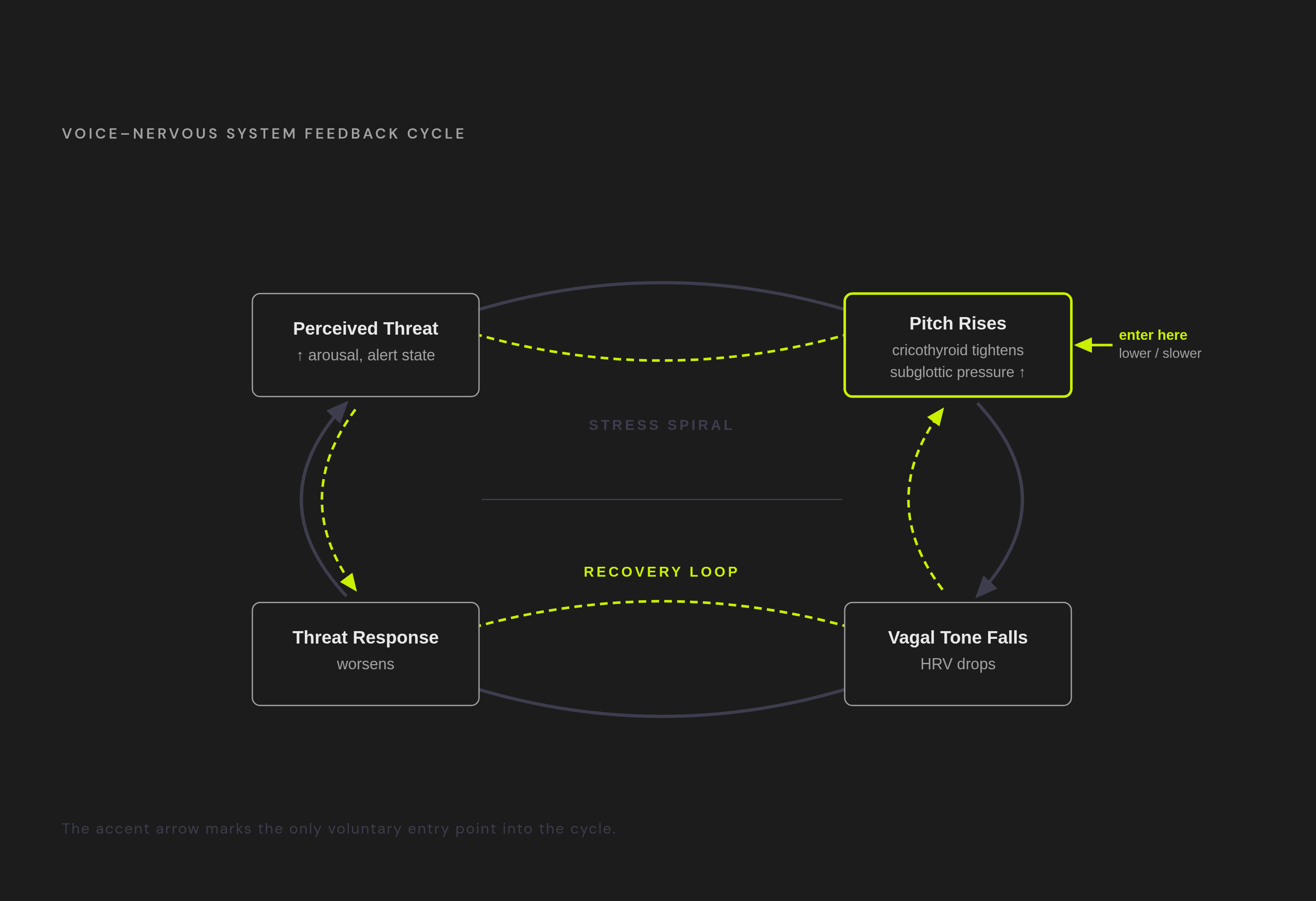 Diagram: The Pitch-Vagal Doom Loop — and How to Reverse It. Visualizes: Visualize a closed feedback cycle with four labeled stages running in two directions: (1) Perceived threat → (2) Pitch rises (cricothyroid tightens, subglottic pressure builds)…