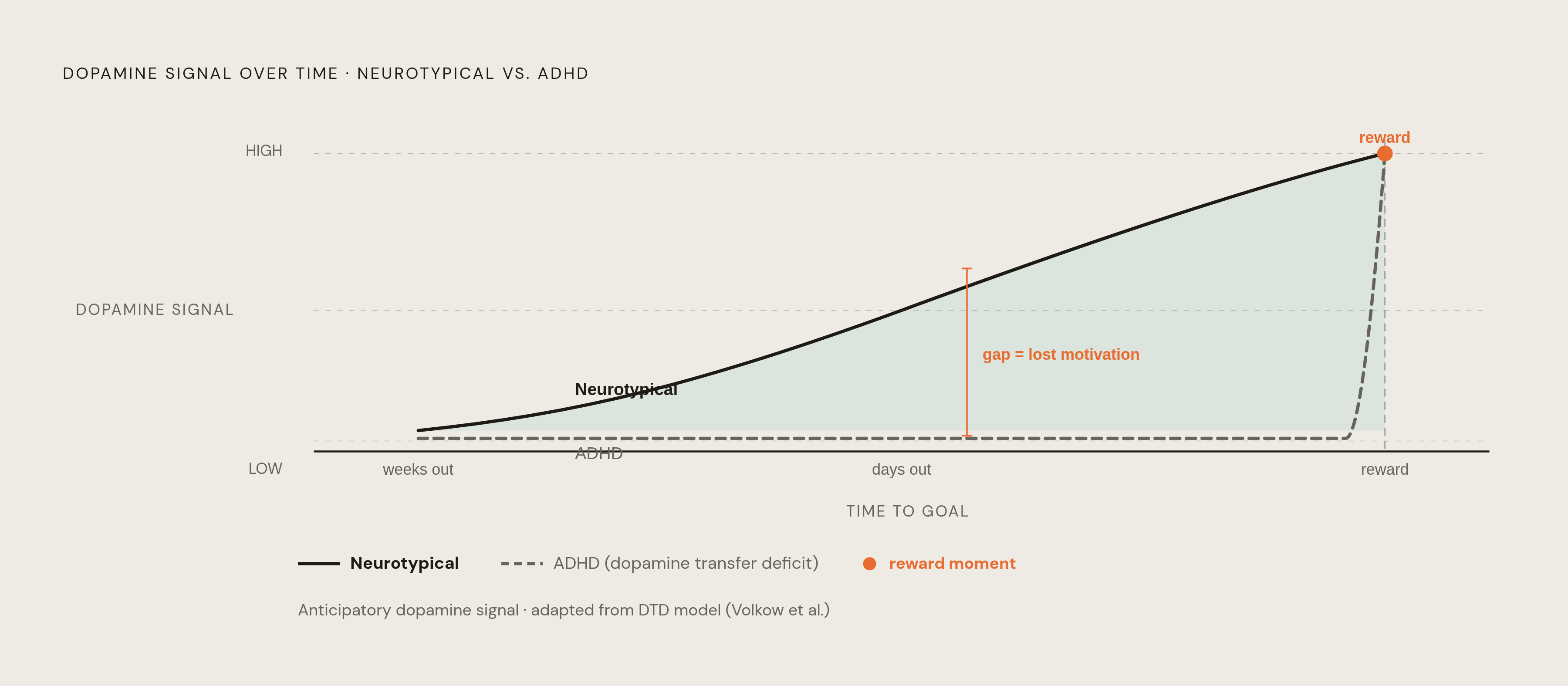 Diagram: Why Distant Goals Generate No Fuel: The Dopamine Transfer Deficit. Visualizes: Illustrate the contrast between how dopamine fires in a neurotypical brain versus an ADHD brain over time as a goal approaches.