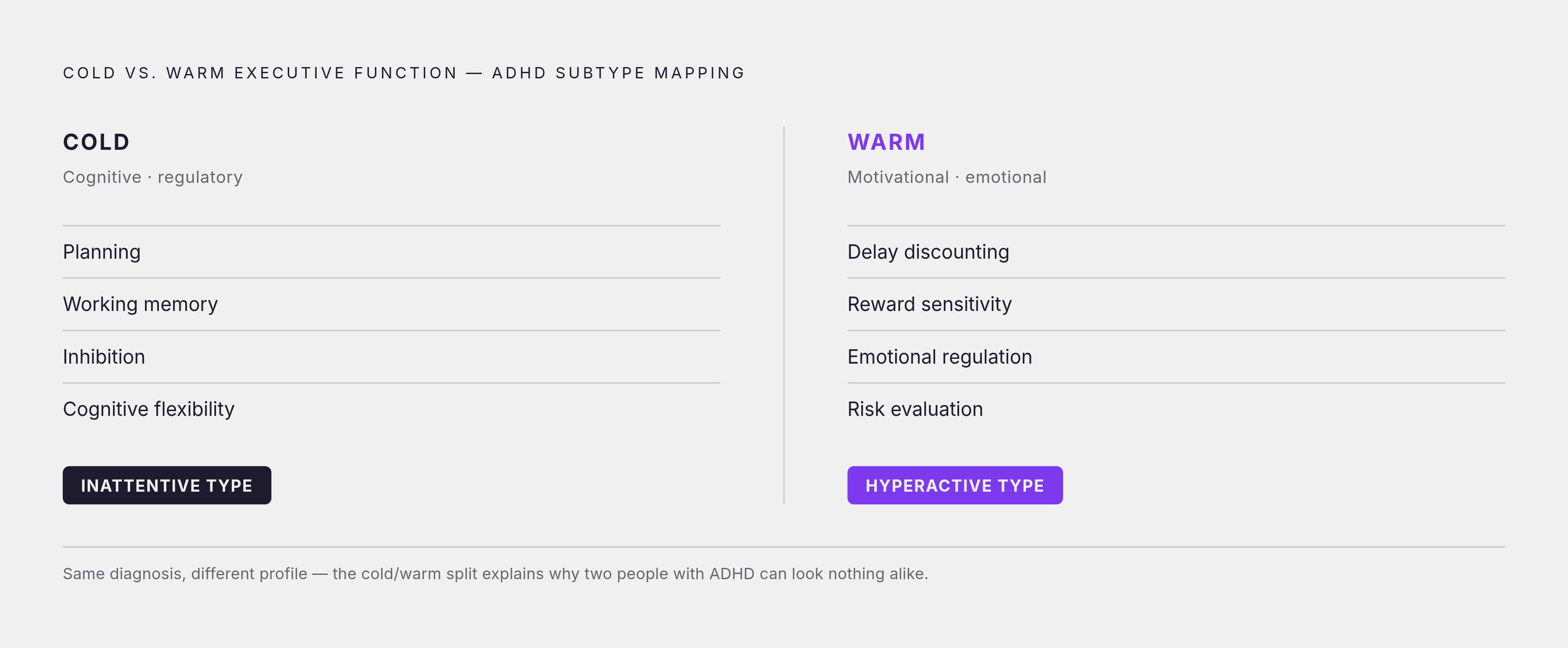 Diagram: Cold vs. Warm Executive Functions: Where Each ADHD Type Falls Short. Visualizes: Illustrate the split between 'cold' and 'warm' executive functions and how inattentive vs.