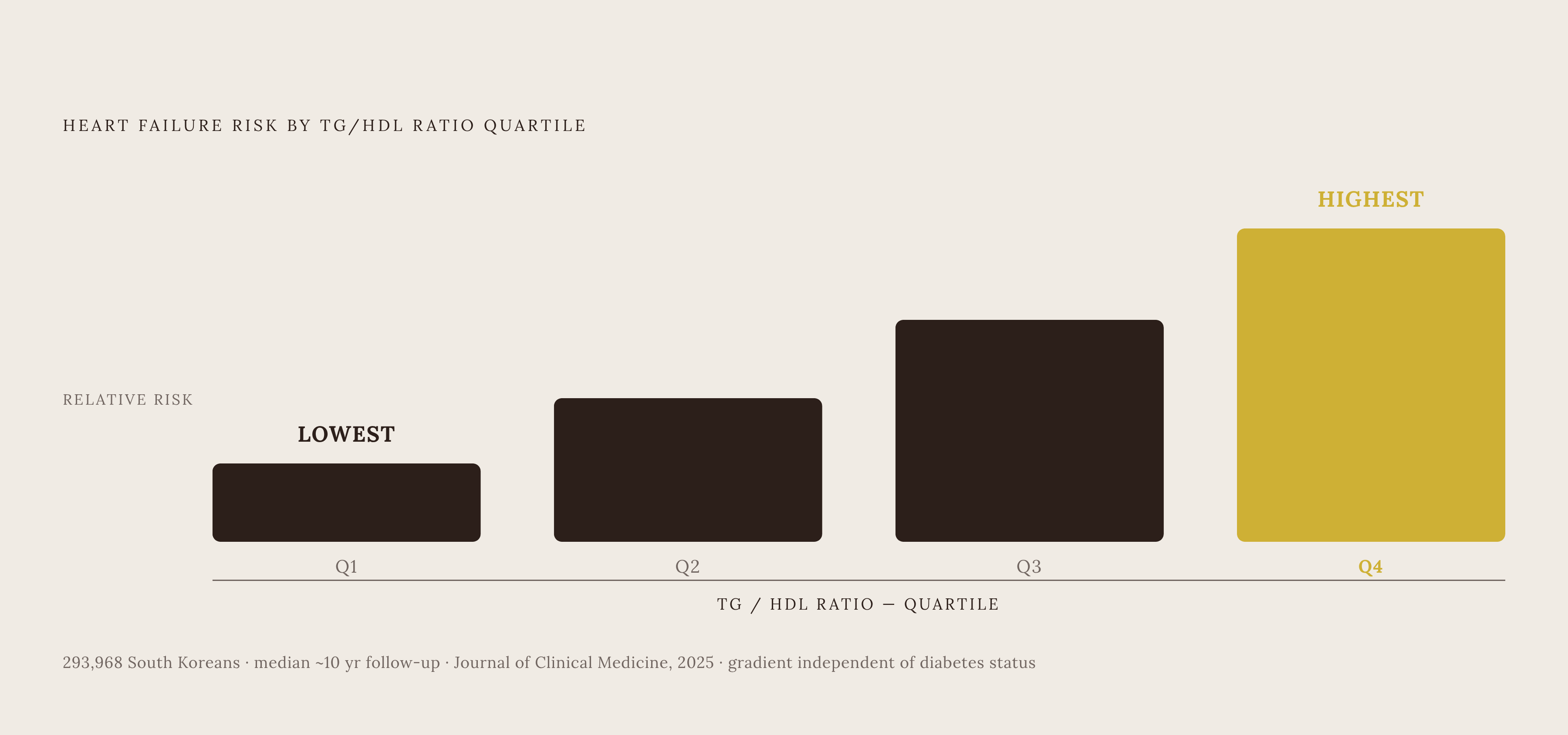 Diagram: TG/HDL Risk: A Dose-Response Across 293,968 People. Visualizes: Show the quartile-by-quartile heart failure risk gradient from a 2025 Journal of Clinical Medicine cohort study of 293,968 South Koreans tracked for a median of nearly a decade.