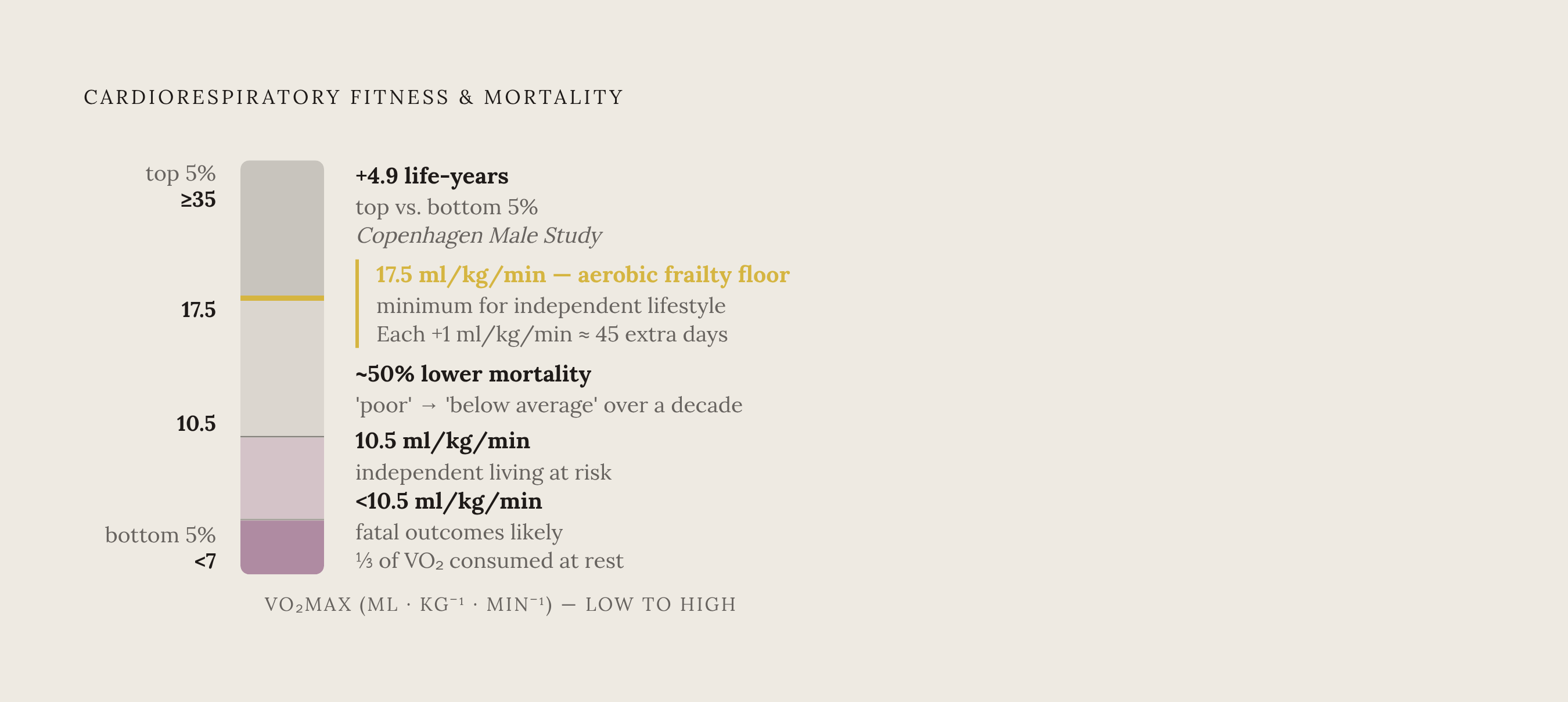 Diagram: The VO2max Mortality Ladder: What Each Fitness Level Buys You. Visualizes: Show the dose-response relationship between cardiorespiratory fitness and mortality outcomes using the concrete thresholds from the article.