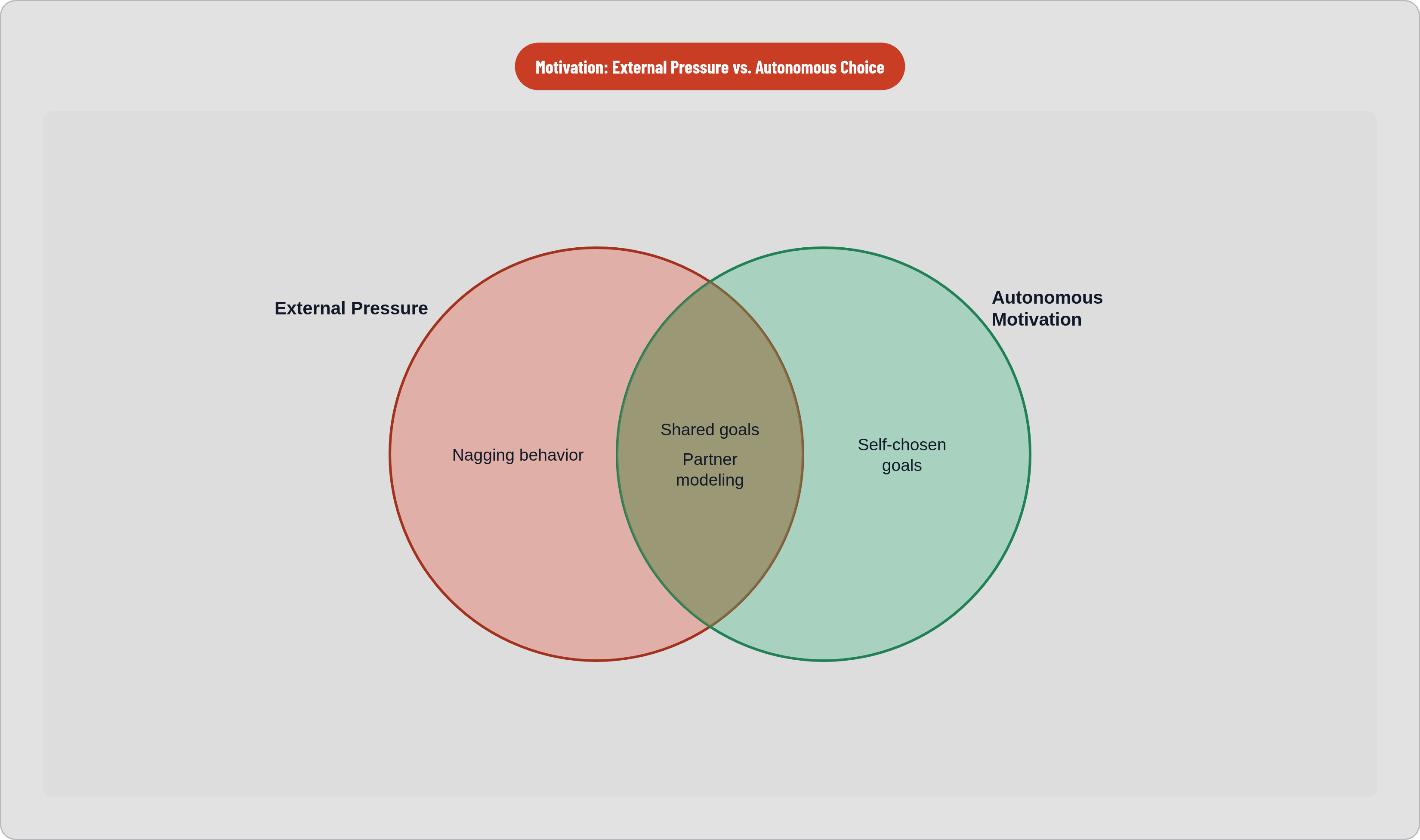 Venn diagram: Motivation: External Pressure vs. Autonomous Choice. Compares External Pressure and Autonomous Motivation; overlap: Supportive Overlap.